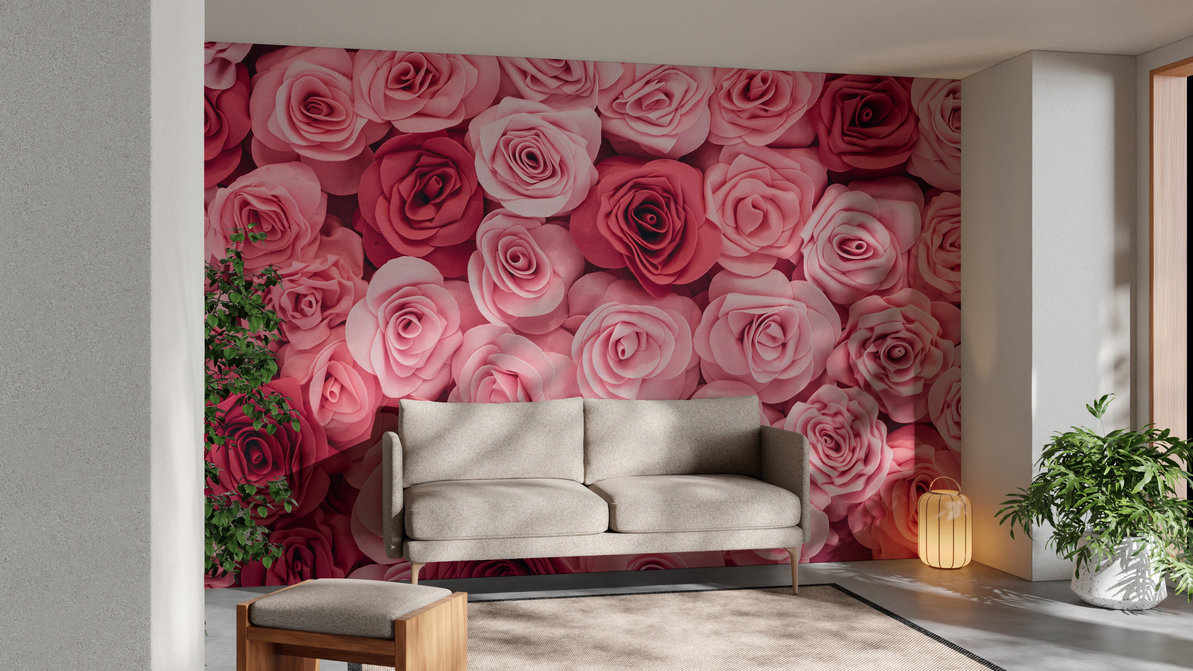 Lush pink roses wallpaper mural for a floral-inspired space.
