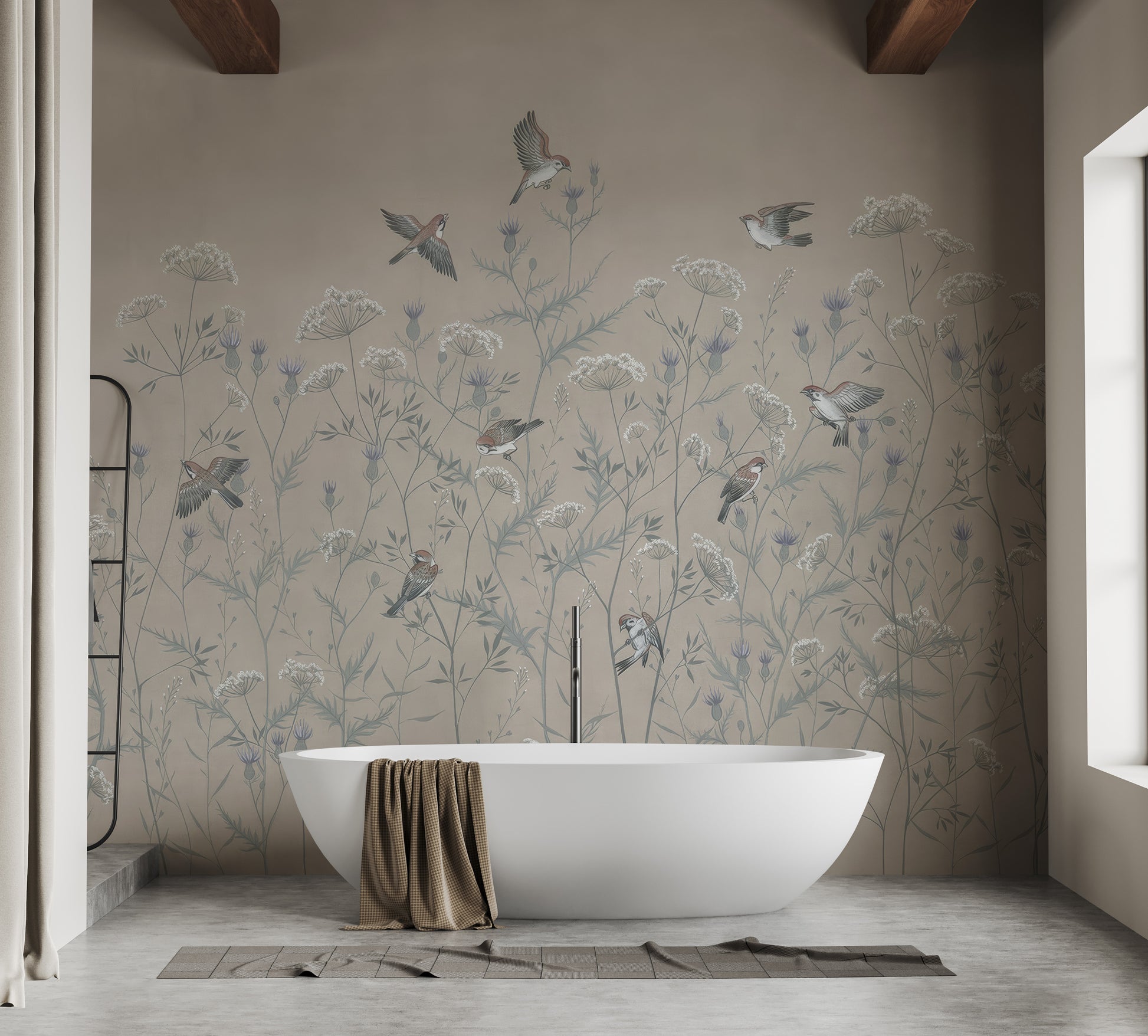 Tranquil enchanted aviary mural for bathroom walls