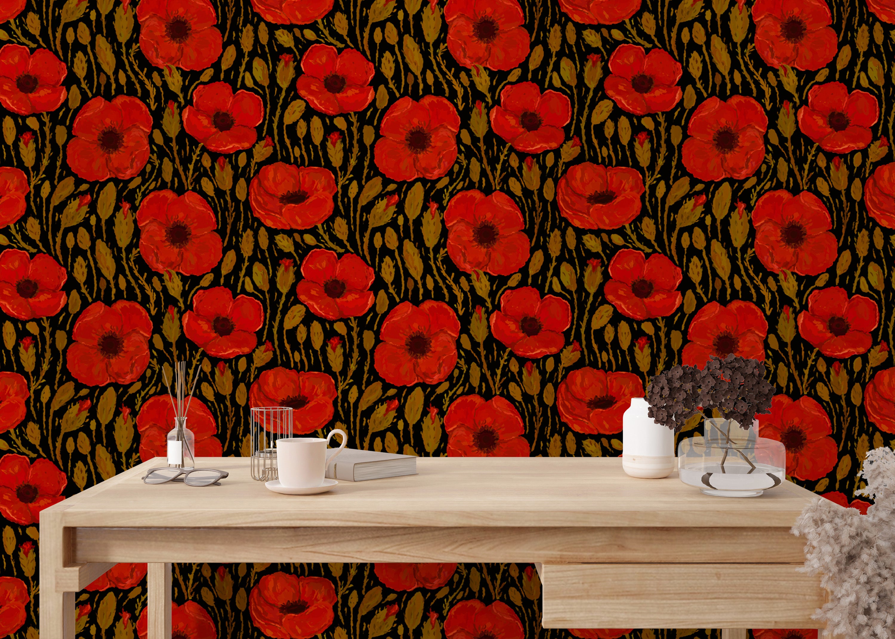 Sophisticated dark red poppy mural for modern and chic designs.
