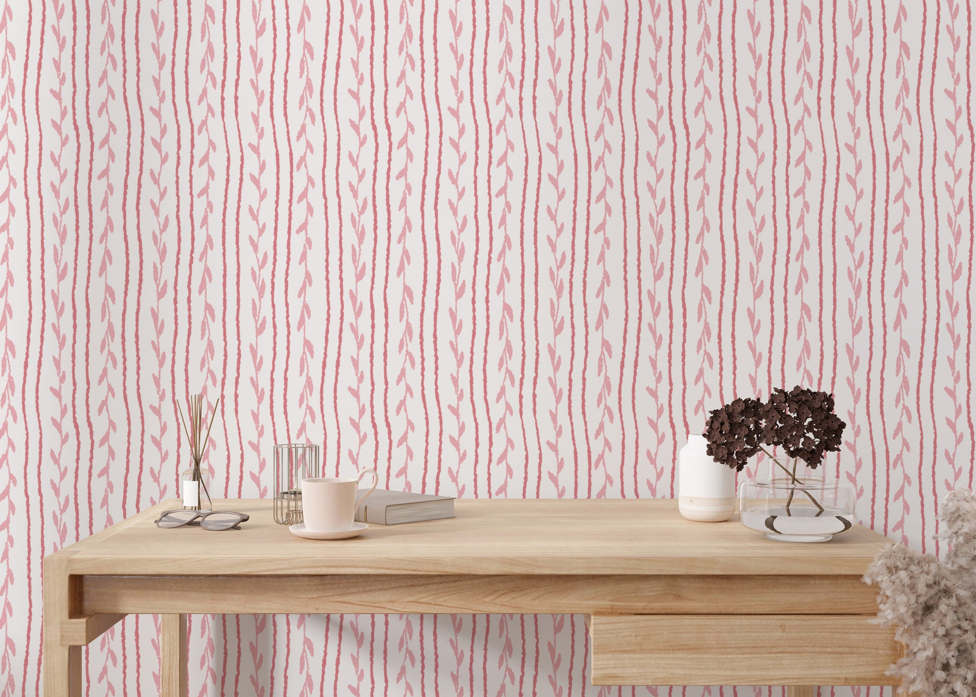 Artistic pink soft vines wallpaper for unique wall accents.
