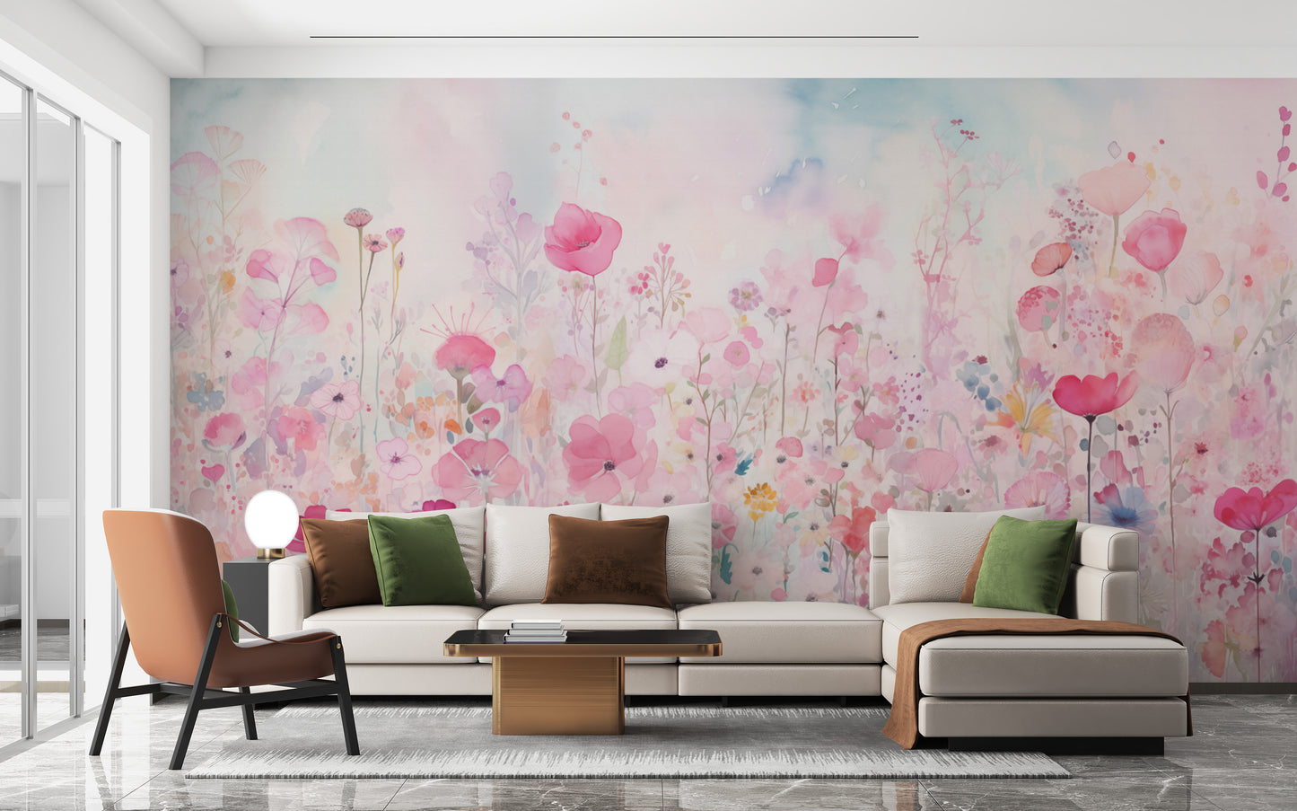 Beautiful watercolor happy flowers pink wallpaper for a feminine room upgrade.
