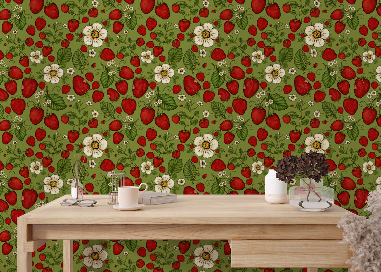 Vibrant strawberry patch red on green wallpaper for kitchens.
