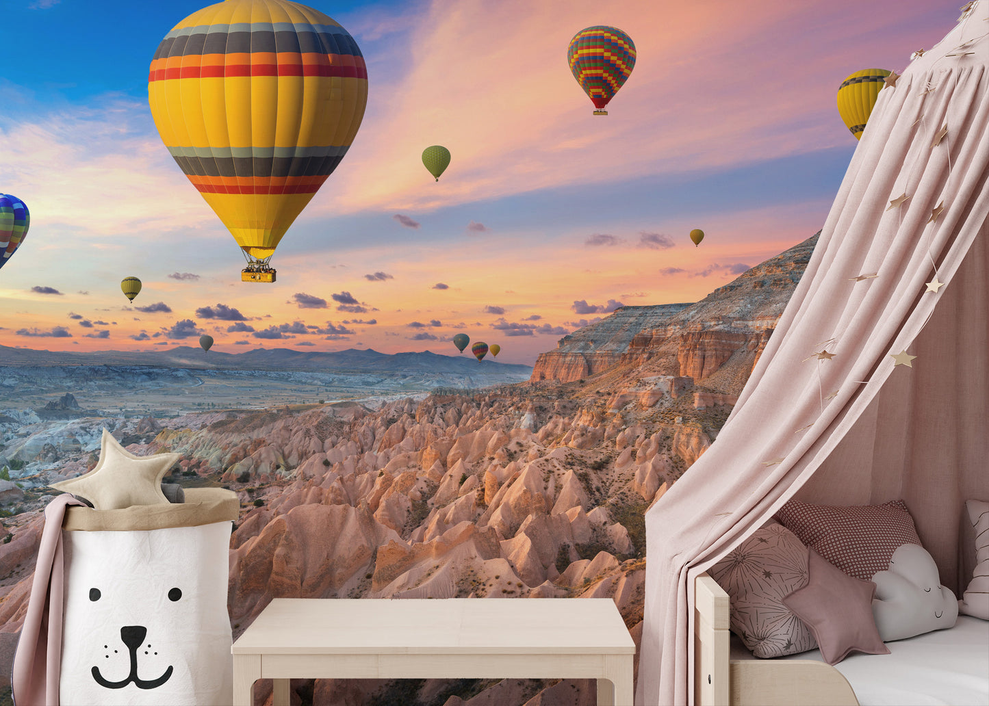 Serene Cappadocia mural for kids' decor
