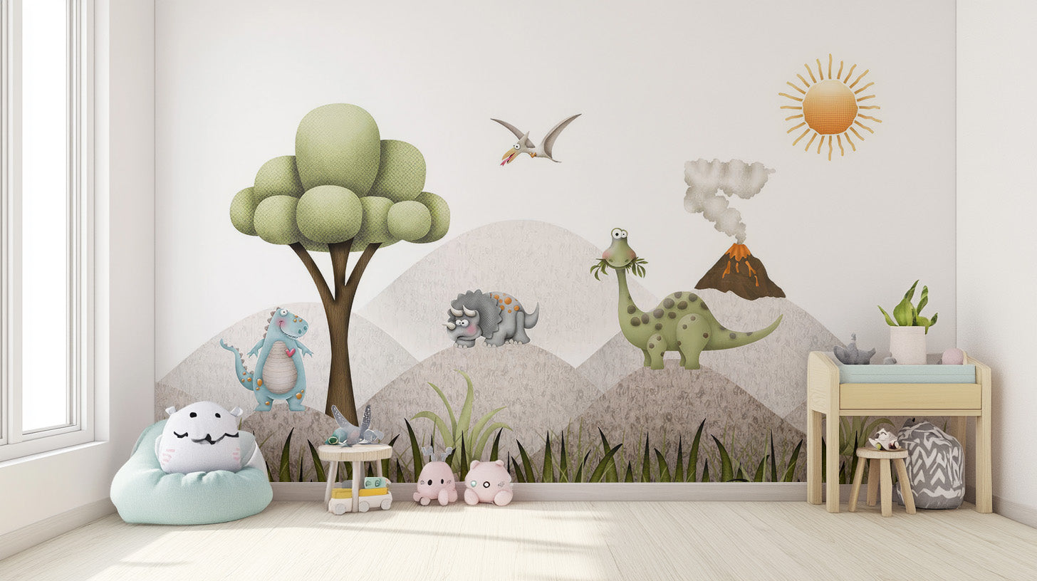 Nursery wallpaper with Tiny Saurus adventure vibe