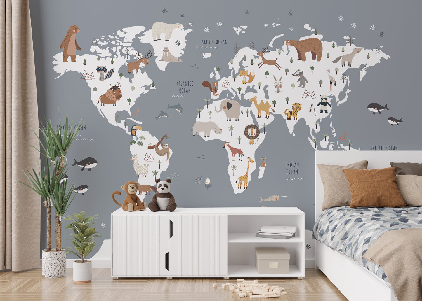 Cartoon animal map wallpaper for kids' rooms
