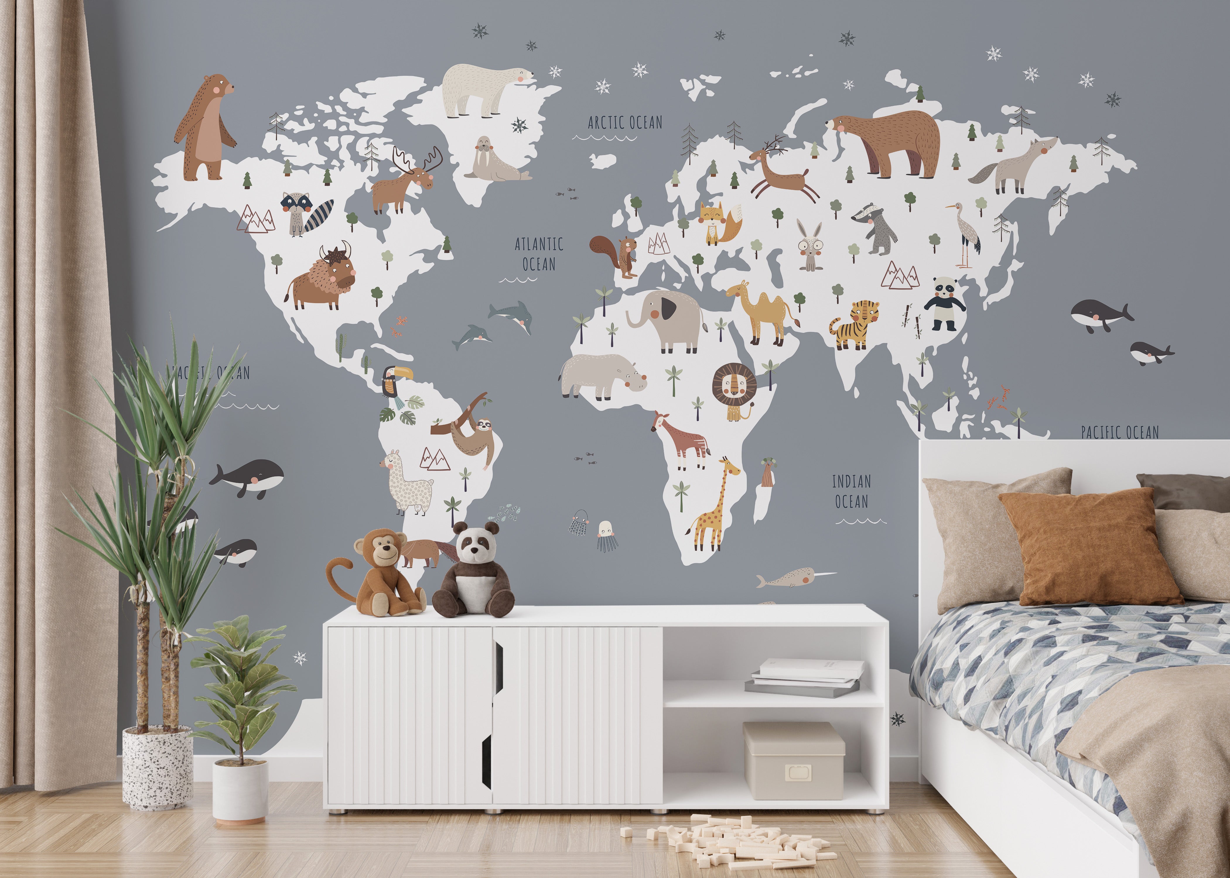 Cartoon animal map wallpaper for kids' rooms
