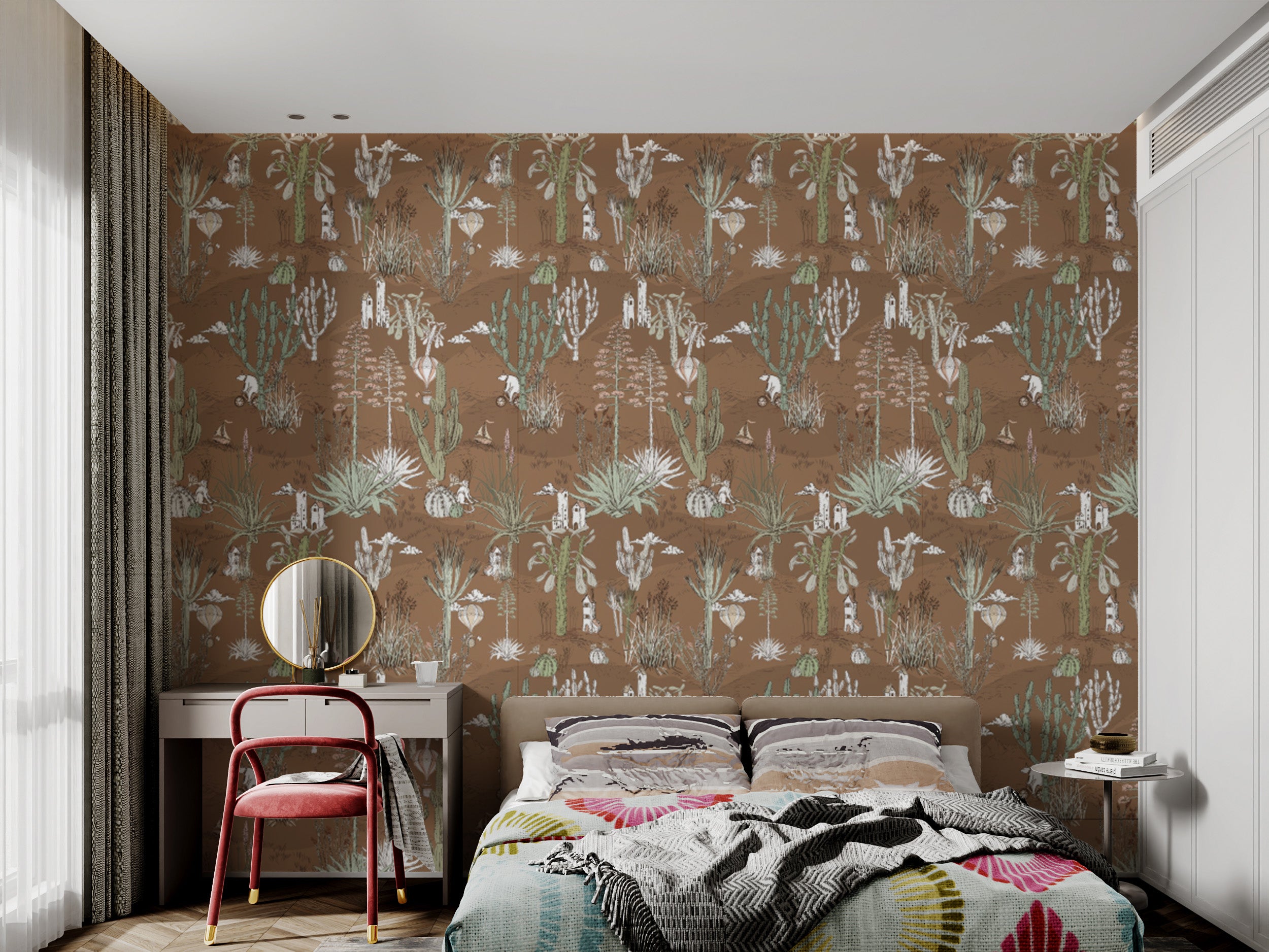 Elegant cactus patterns define the Saguaro Serenade wallpaper