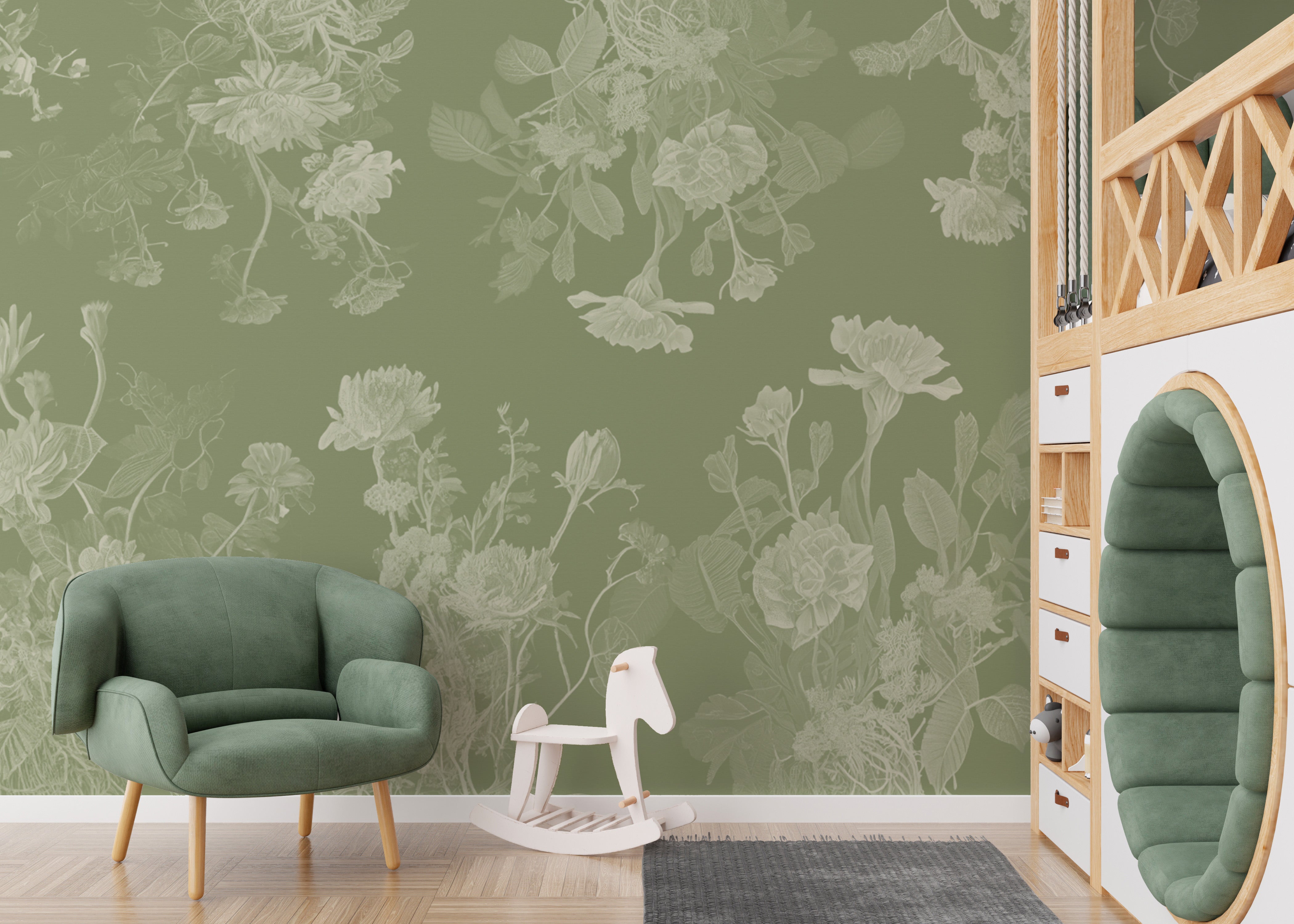 Stunning green floral wallpaper mural perfect for tranquil interiors.