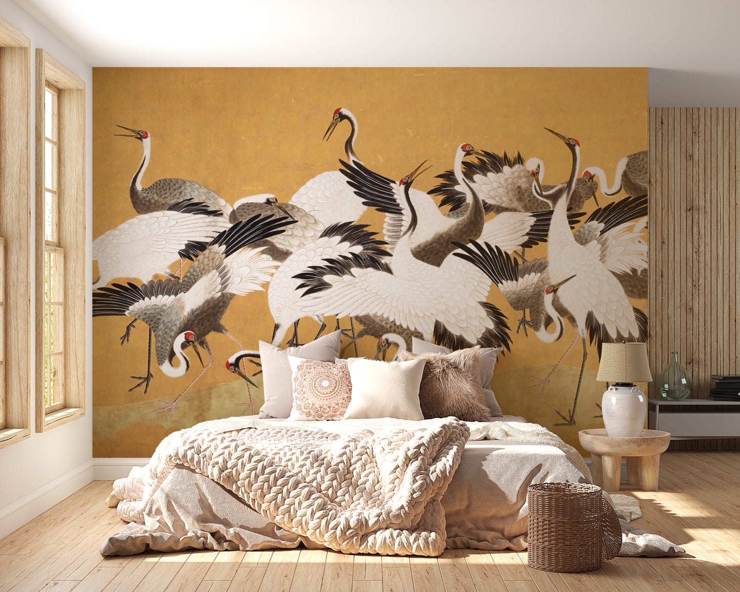 Japanese-style crane flock wallpaper for walls
