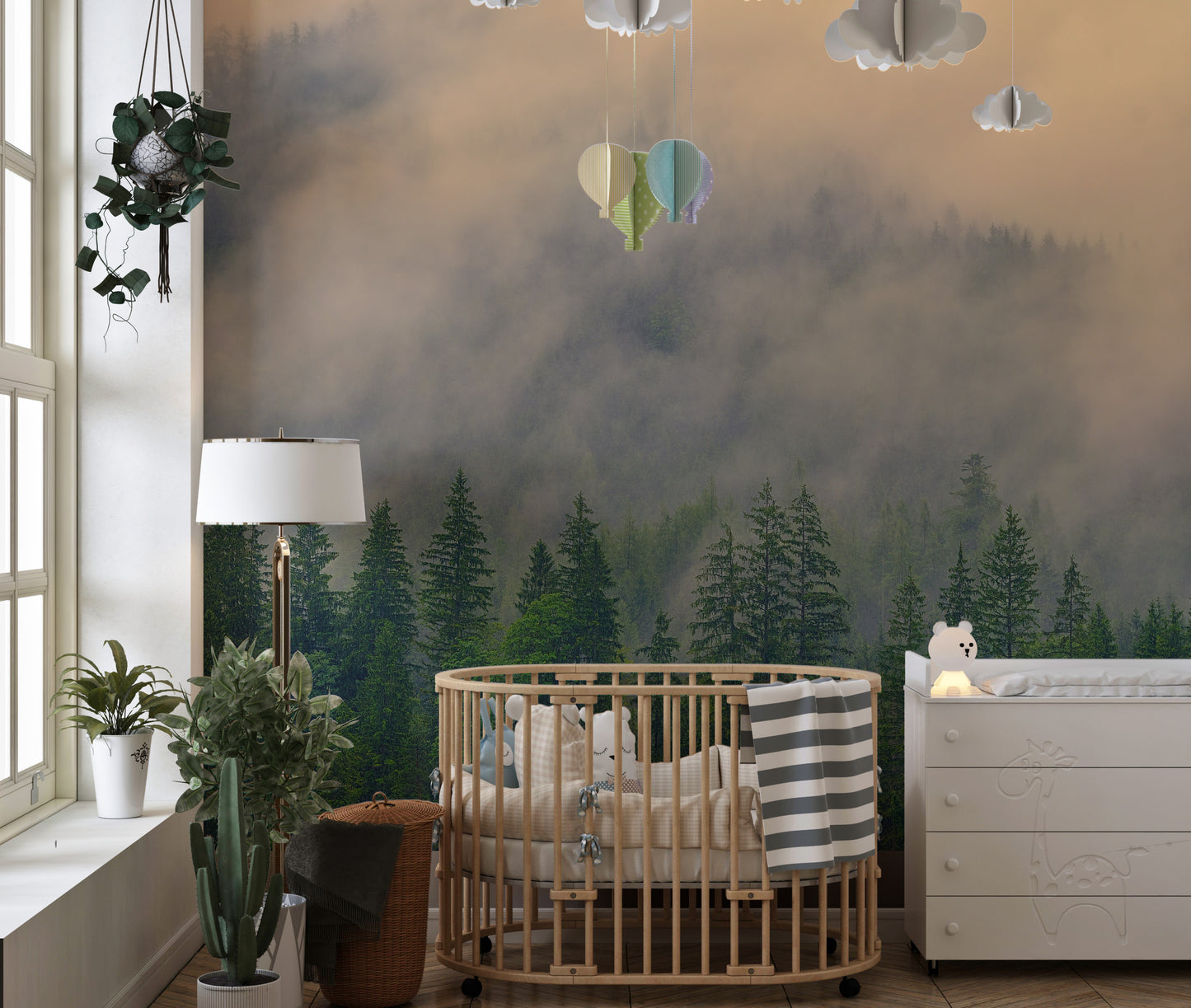 Misty pine tree mural adding depth to your wall decor.

