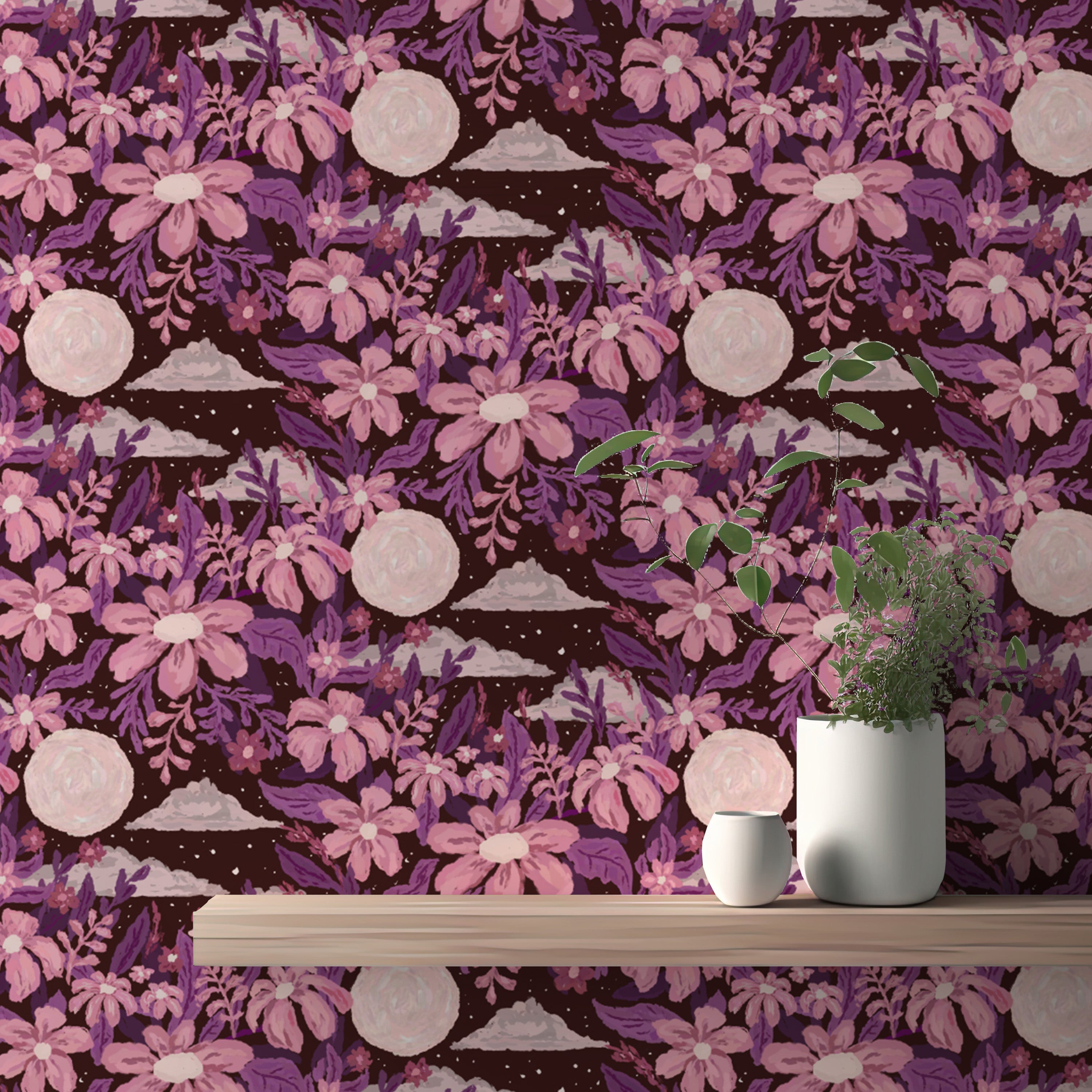 Mystical garden-themed purple wall murals