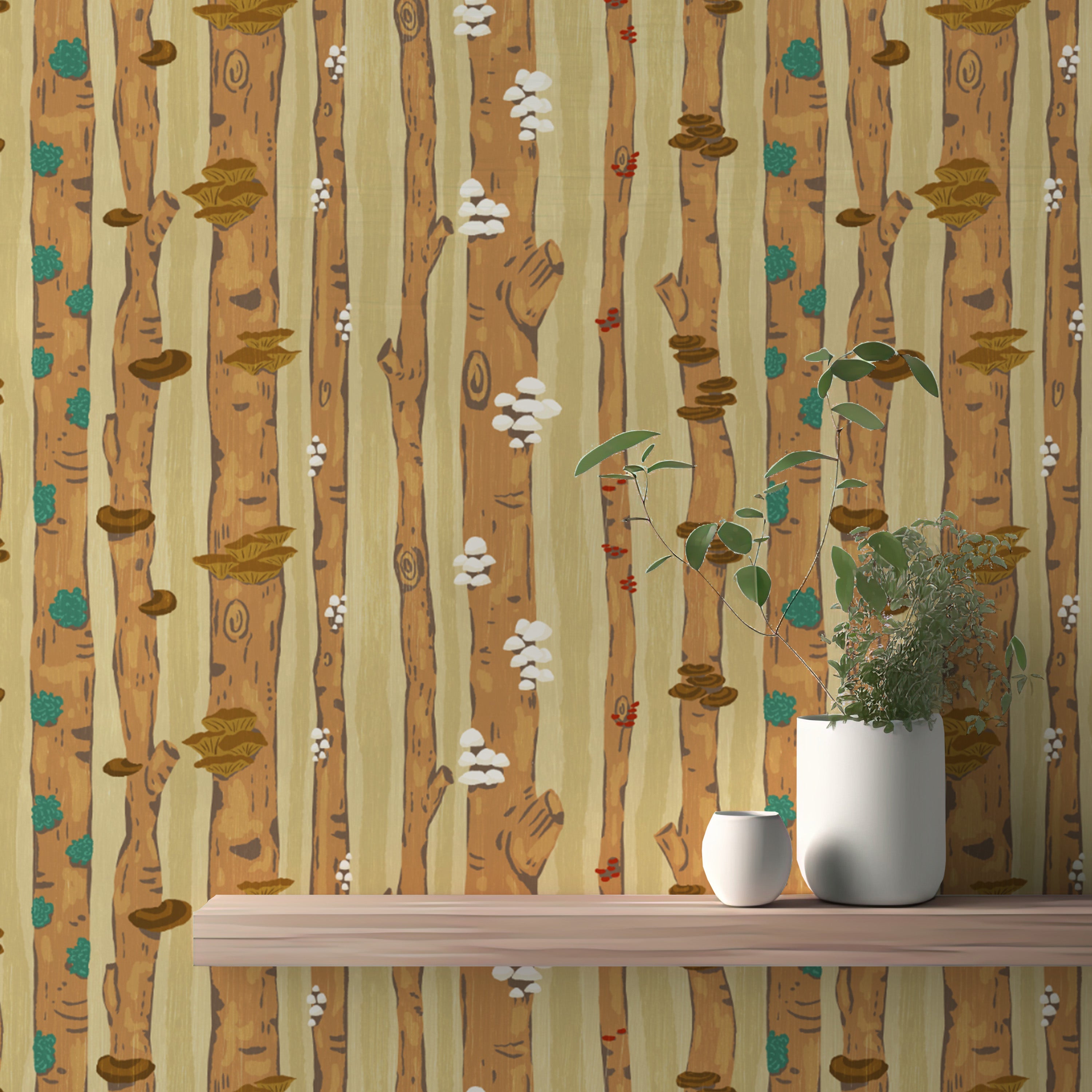 Sophisticated mushroom tree trunk mural for cozy and earthy spaces.
