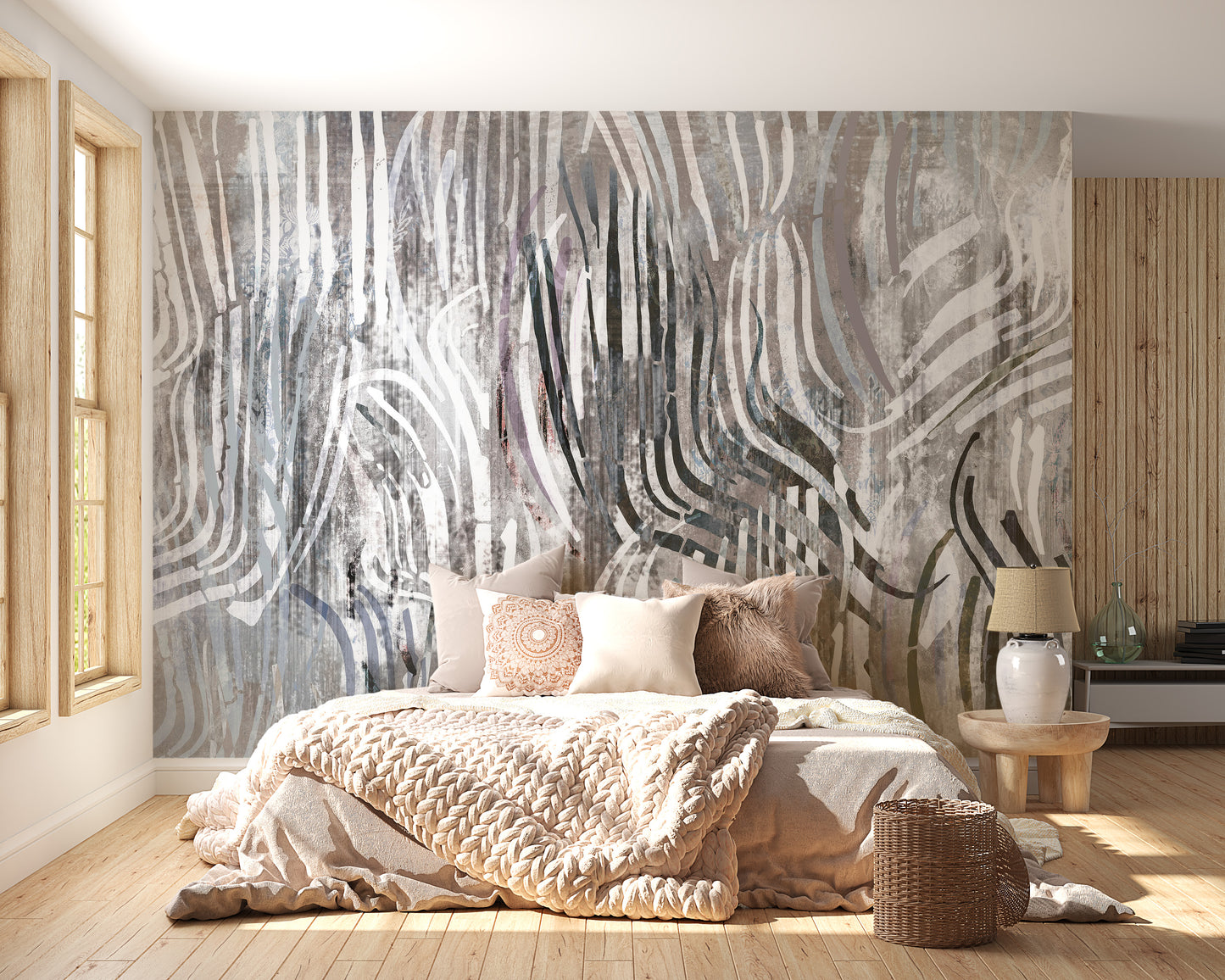 Modern abstract mural creates a chic bedroom retreat