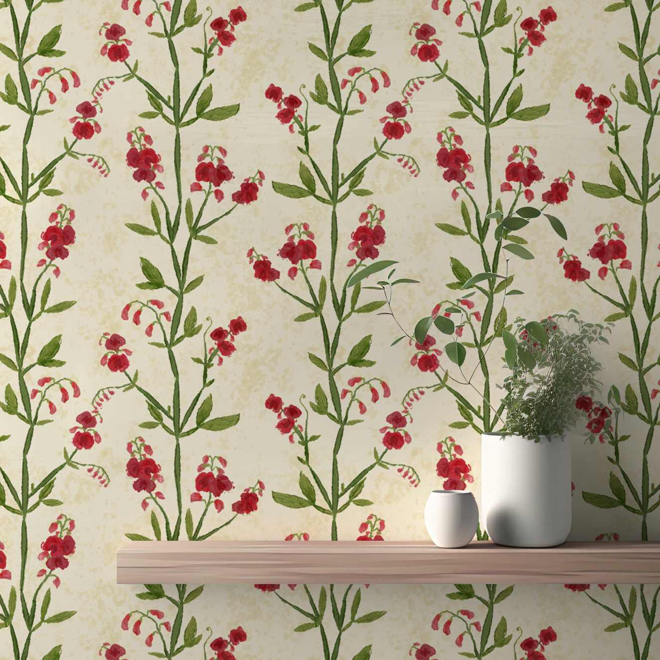 Elegant magenta leaves wallpaper with sweet peas floral design.
