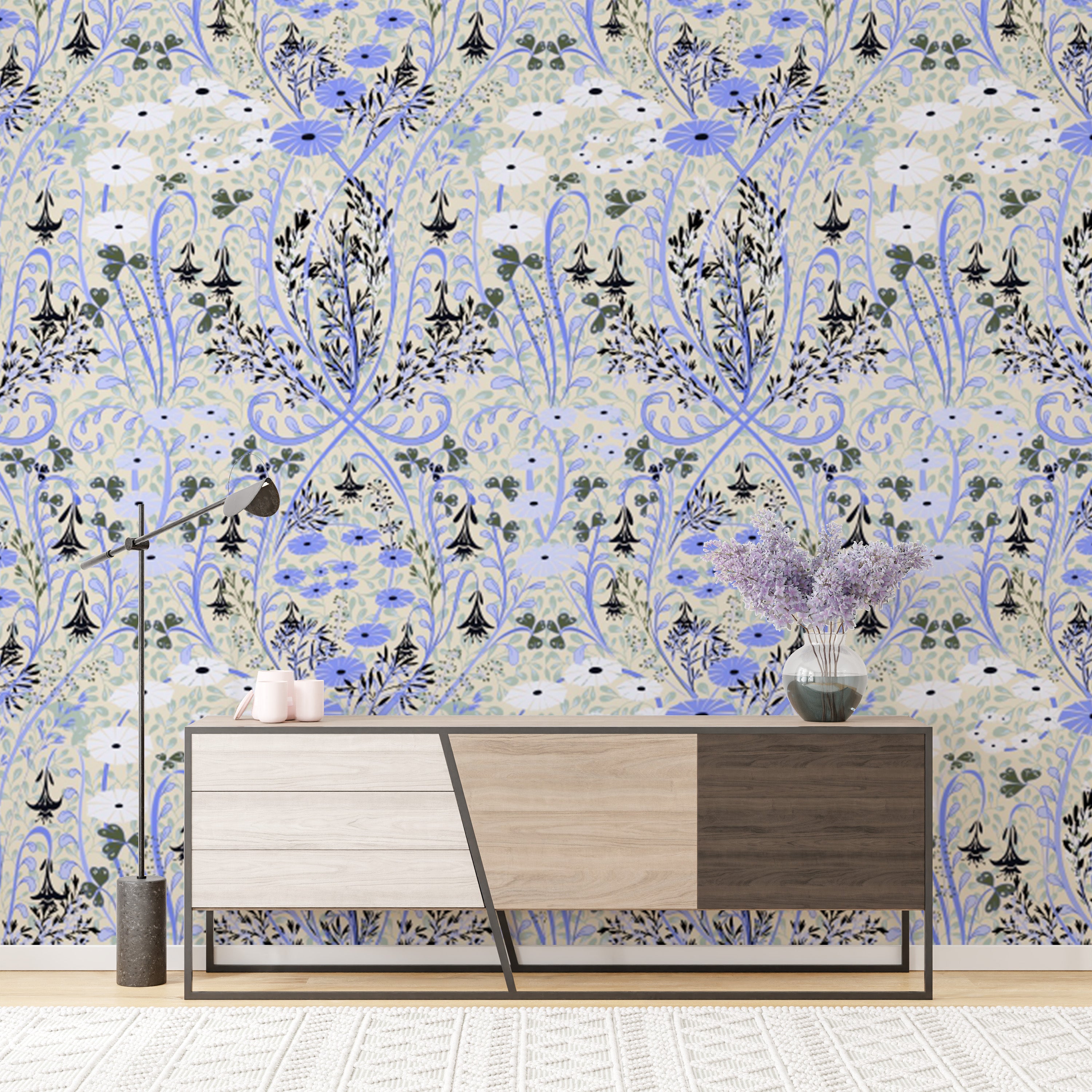 Easy-to-apply meadow-inspired periwinkle wallpaper