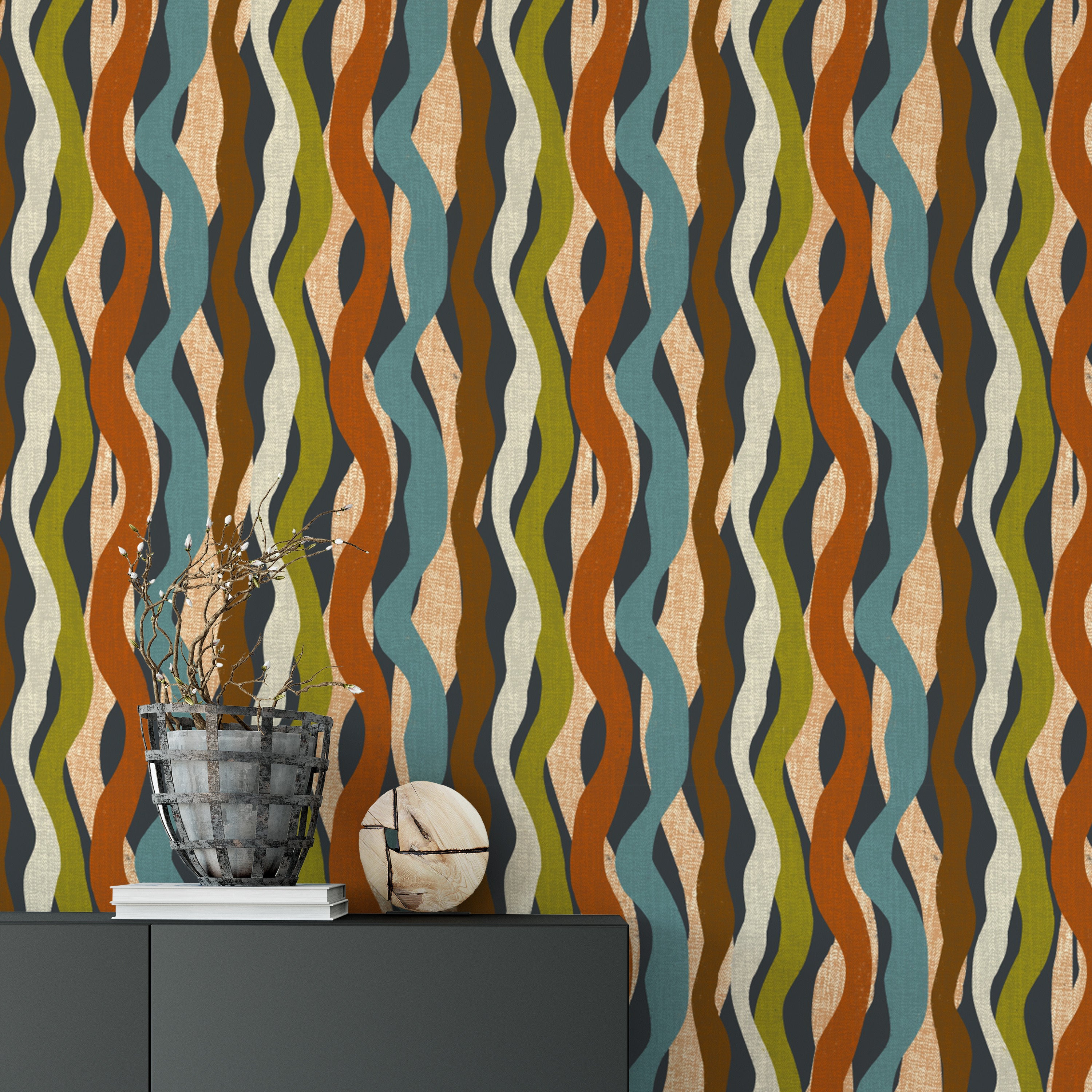 Textured Organic Stripe Waves Wallpaper for chic decor