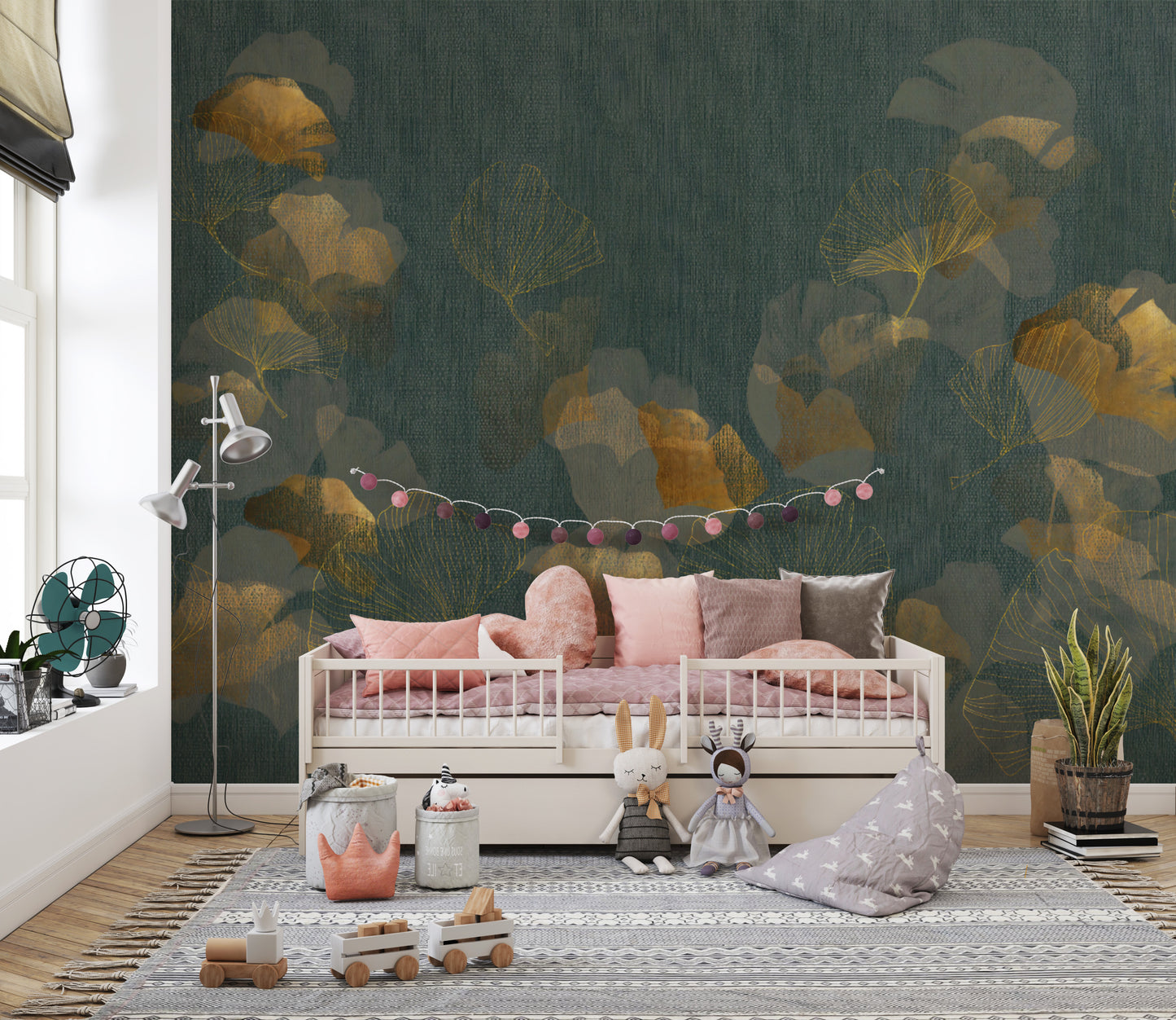 Green textured ginkgo wallpaper for contemporary interiors
