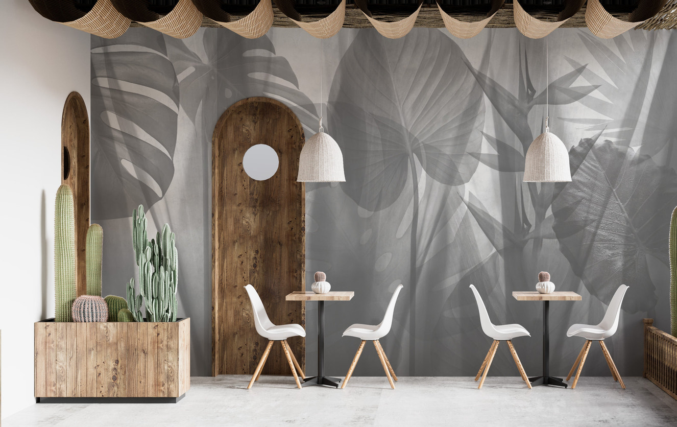 Monochrome tropical leaves wallpaper for modern interiors
