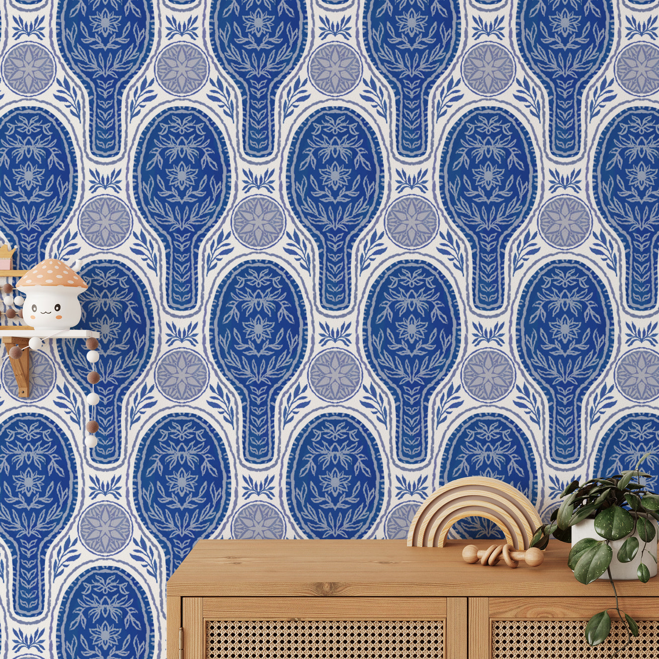 Whimsical floral rockets blue wallpaper for playful interiors.
