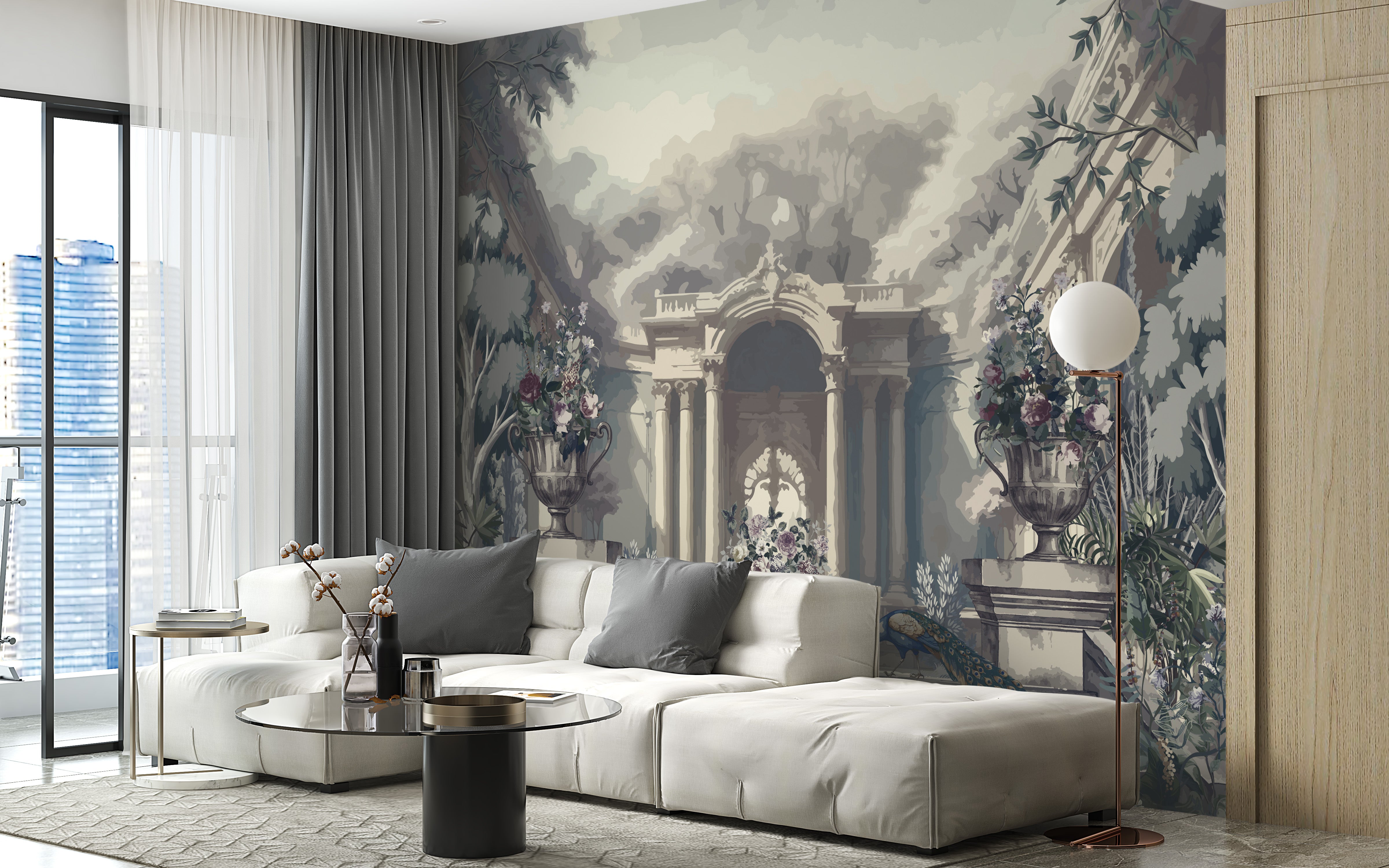 Tropical trees with skyline wall mural