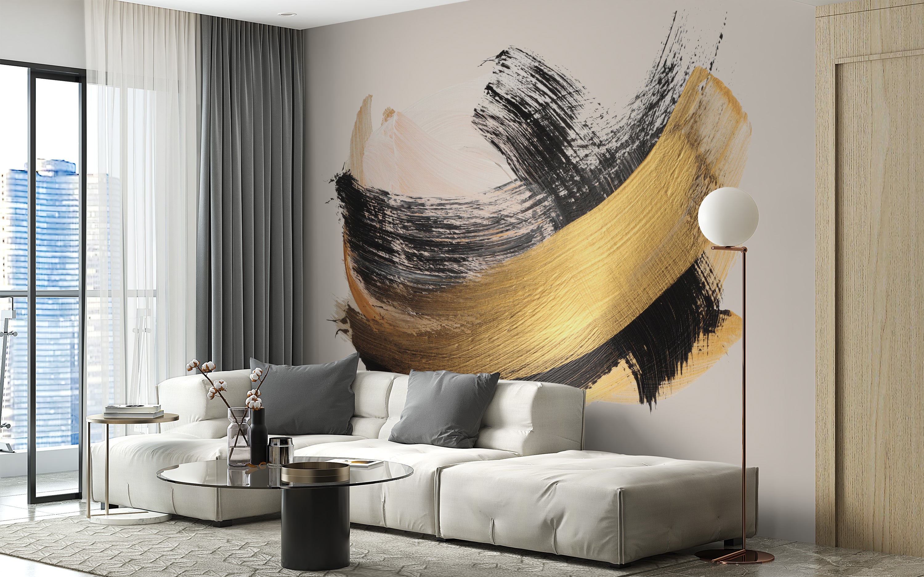 Sophisticated gold and noir wallpaper mural for chic interiors.