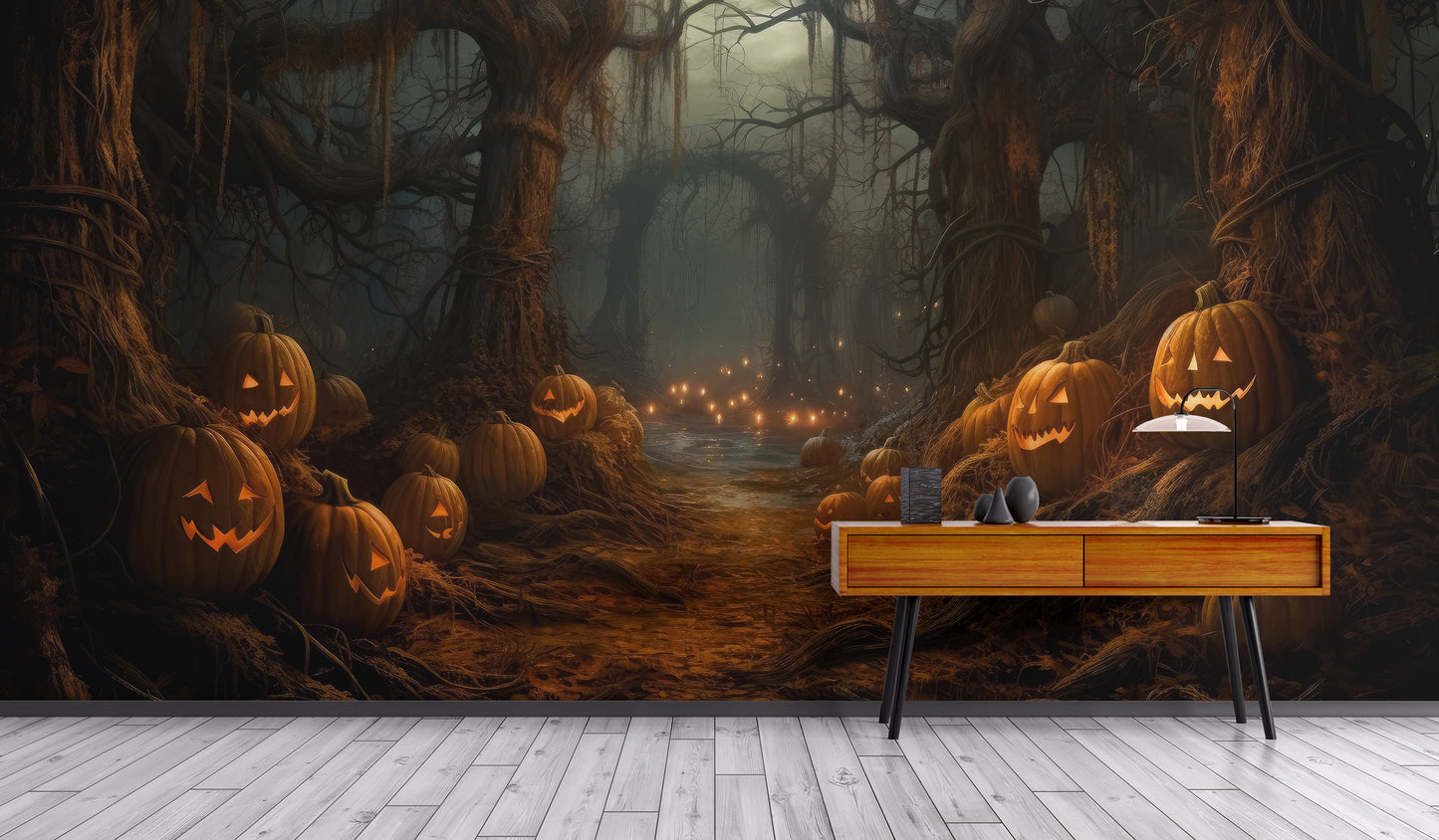 Eerie Pumpkin Forest Silhouette Wall Mural