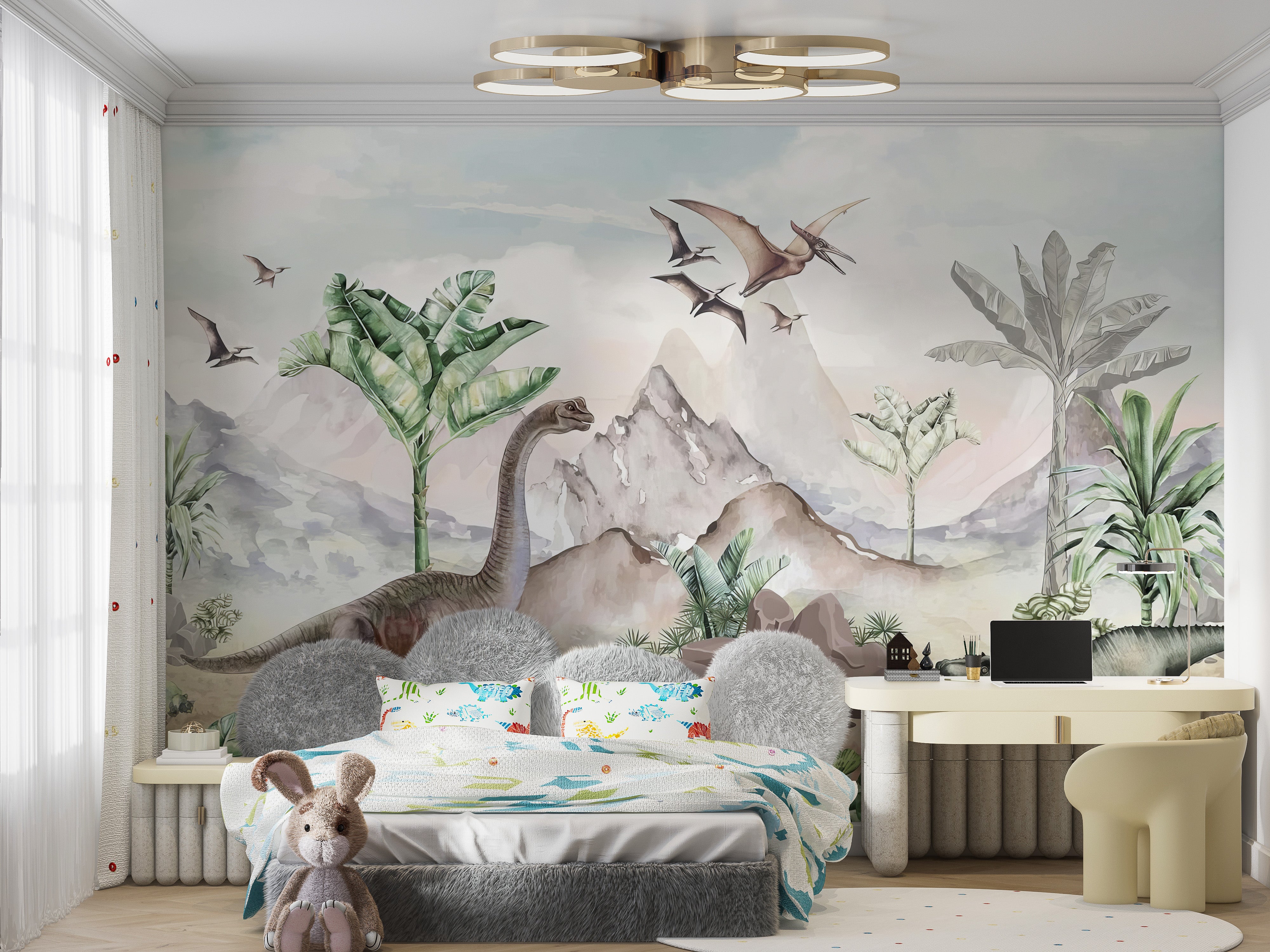 Prehistoric-themed mural featuring vibrant dinosaurs.