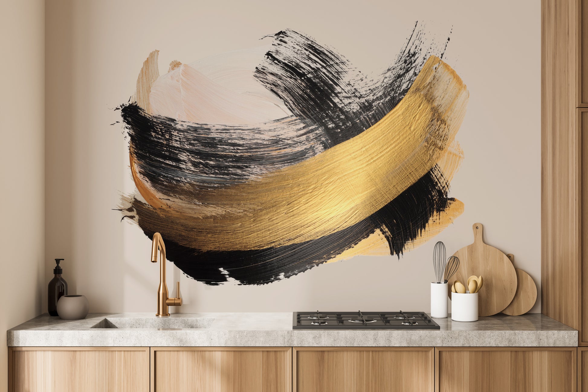 Unique gold and noir brushstroke wallpaper for modern walls.