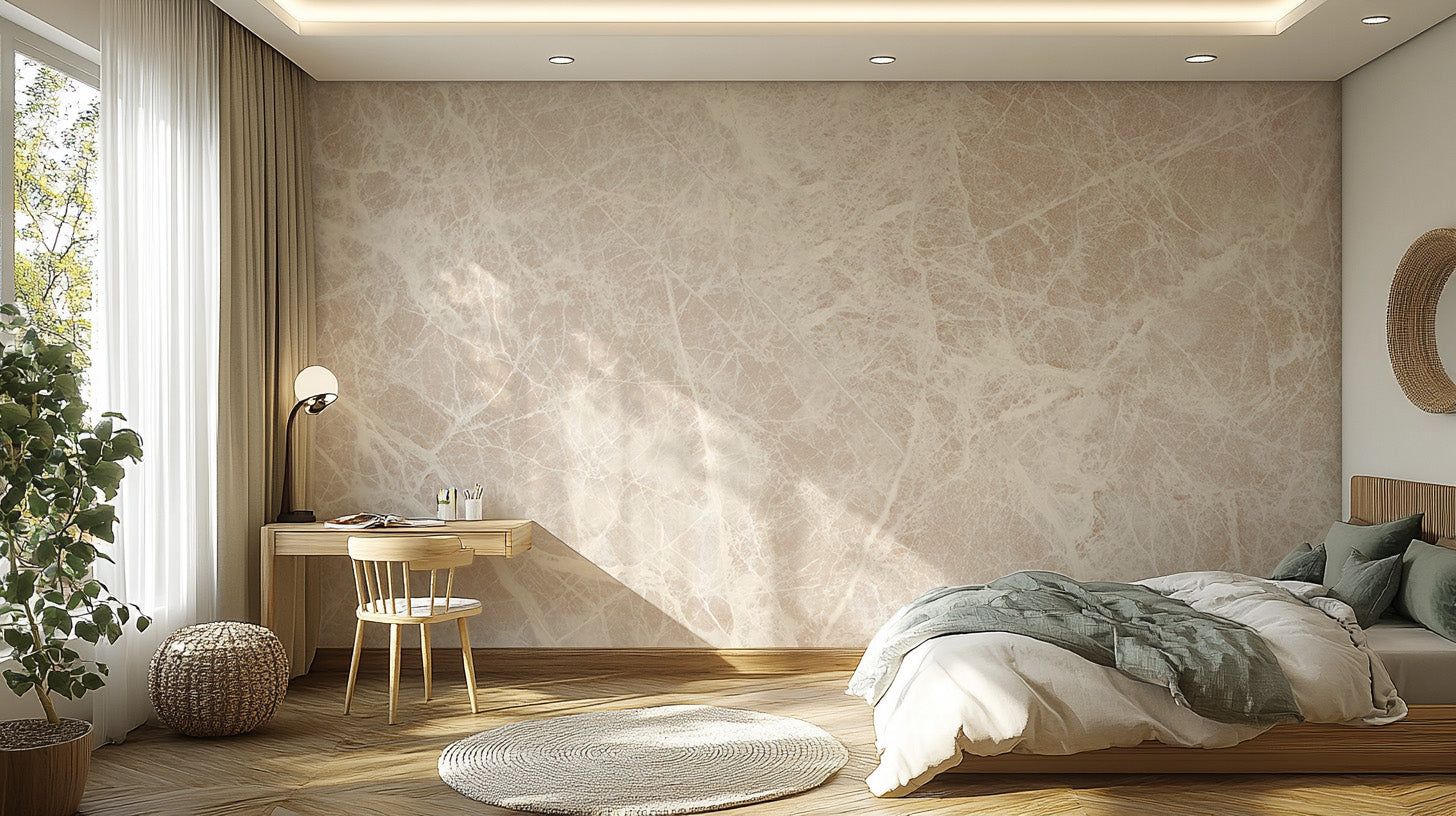 Elegant white marble-inspired wall bedroom mural
