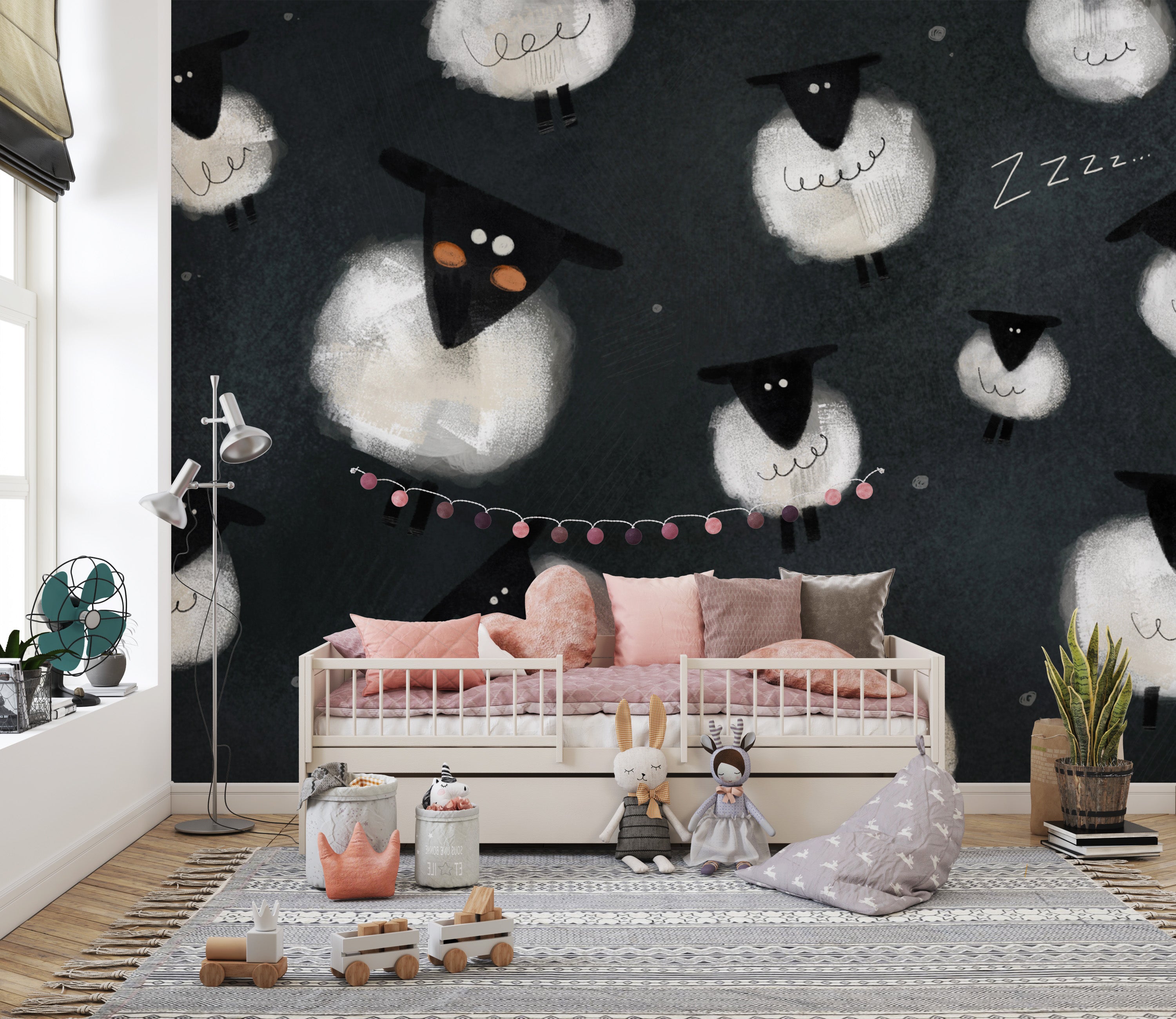 Dark-themed sheep wallpaper with a sleep-friendly design
