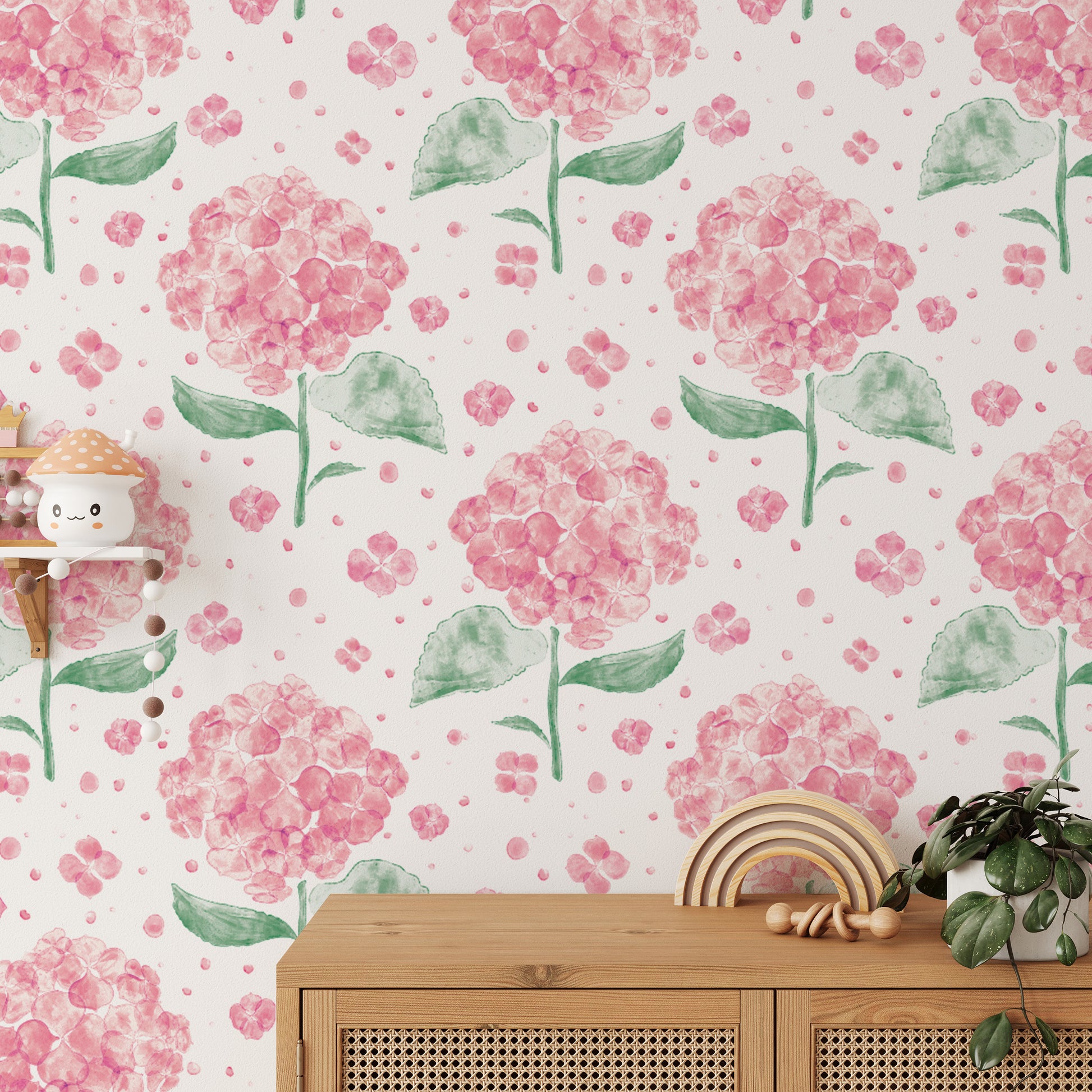 Artistic pink hydrangea in the air wallpaper for unique wall accents.
