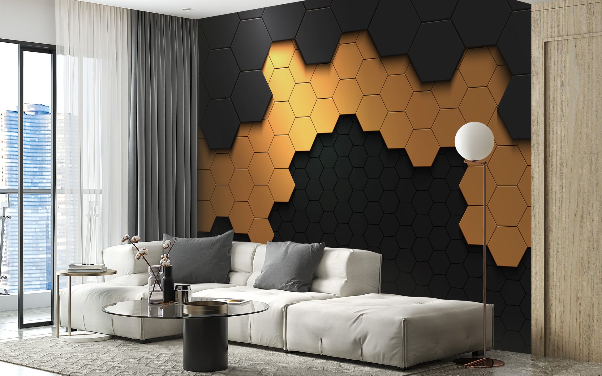 Modern hexagonal wallpaper with gold accents
