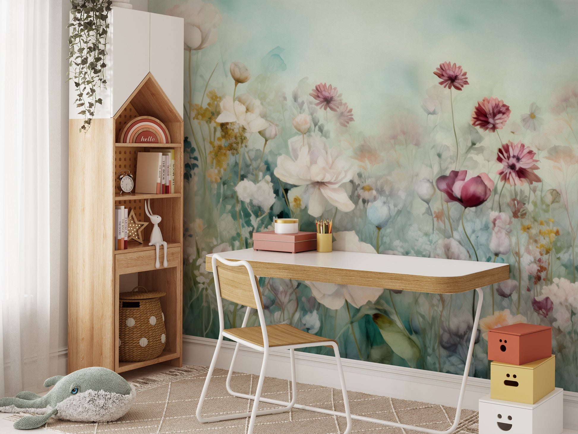 Colorful pastel flower wallpaper mural for a soft, vibrant room design.
