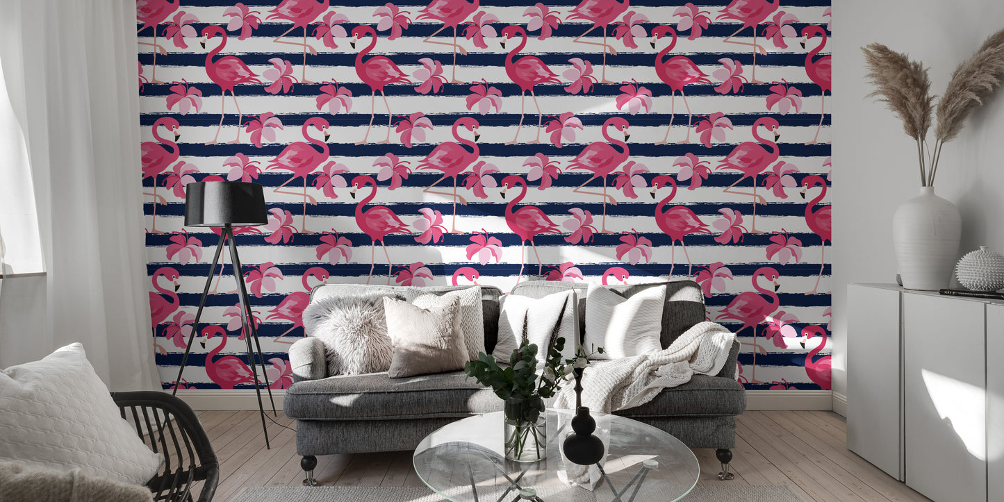 Blue Stripes & Pink Flamingo Wallpaper