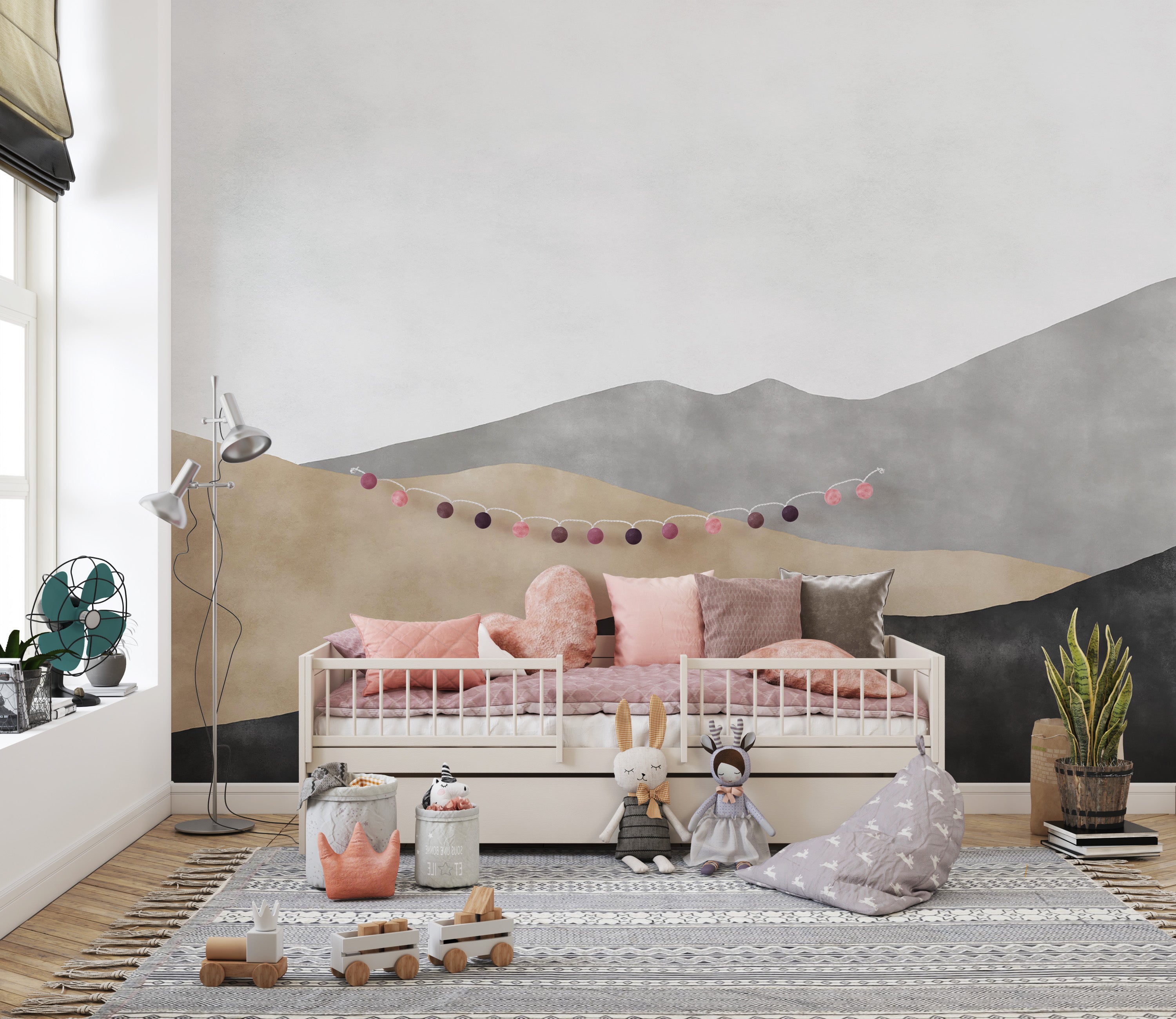 Scandinavian-style mountain wallpaper with soft hues
