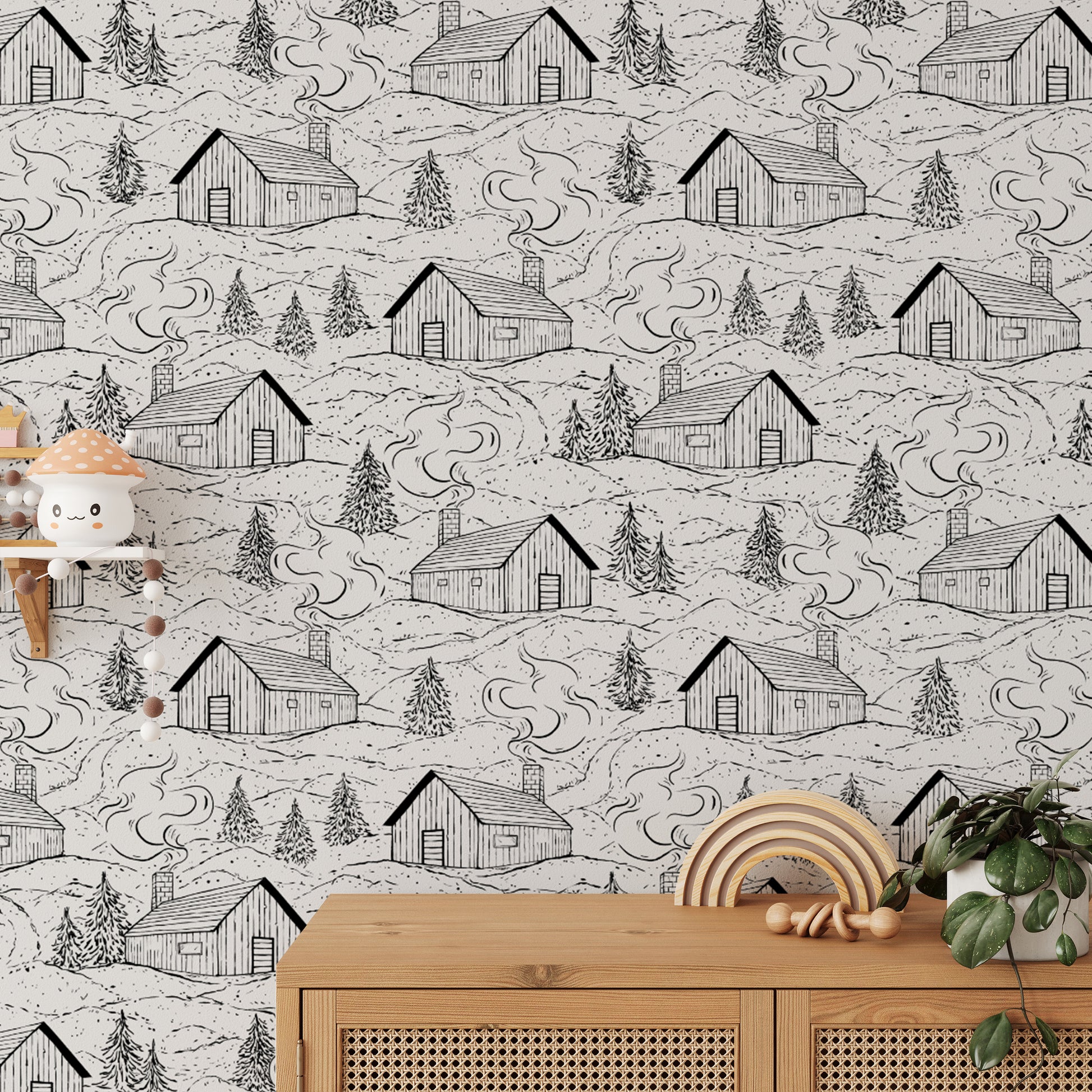 Timeless black and white smokey cabin mural for rustic-inspired spaces.
