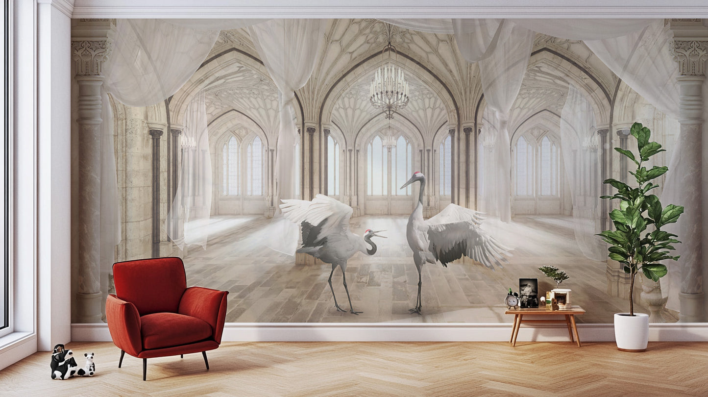 Fantasy castle crane mural with intricate gothic architecture
