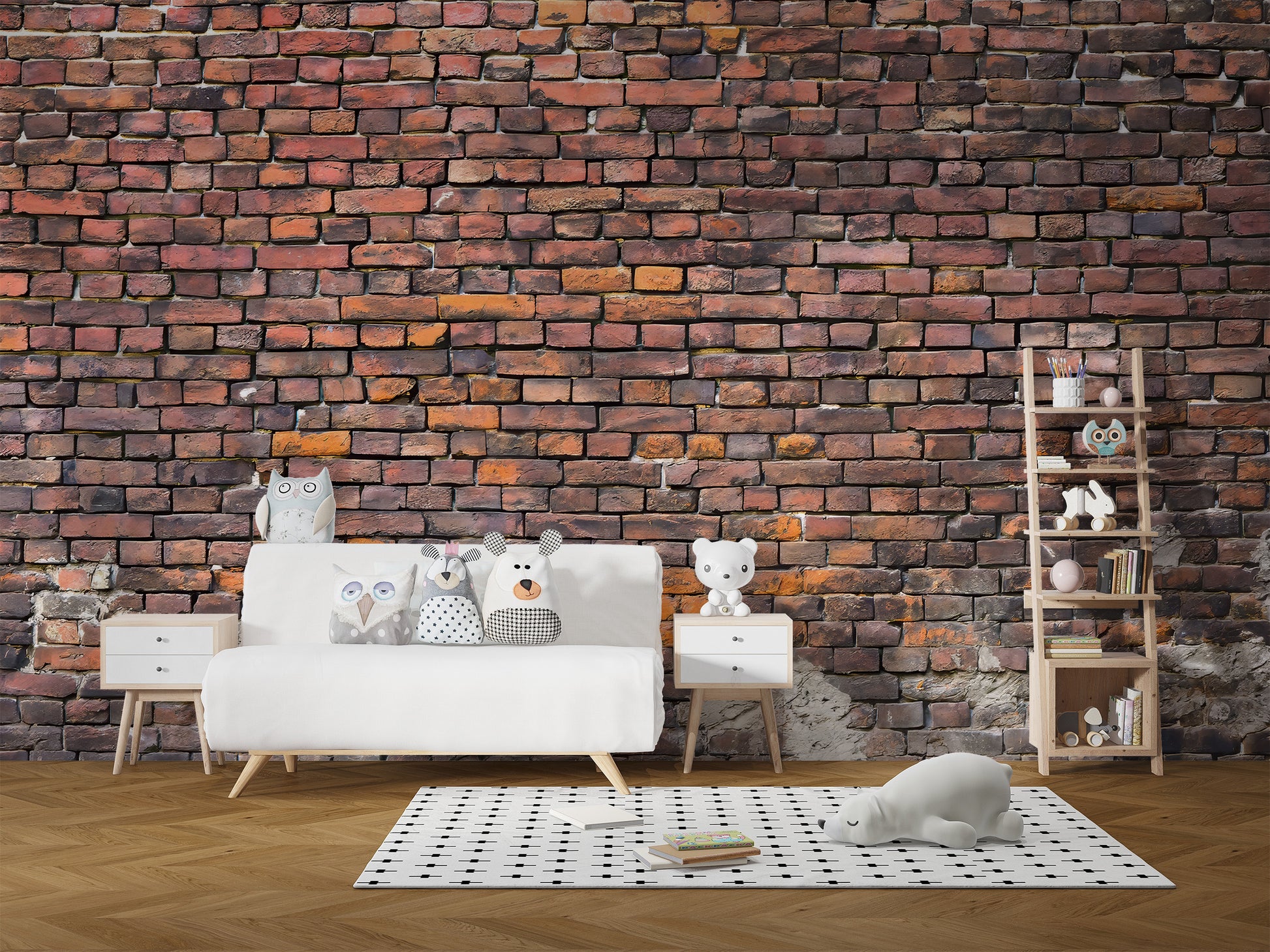 Exposed brick wall mural in rustic style