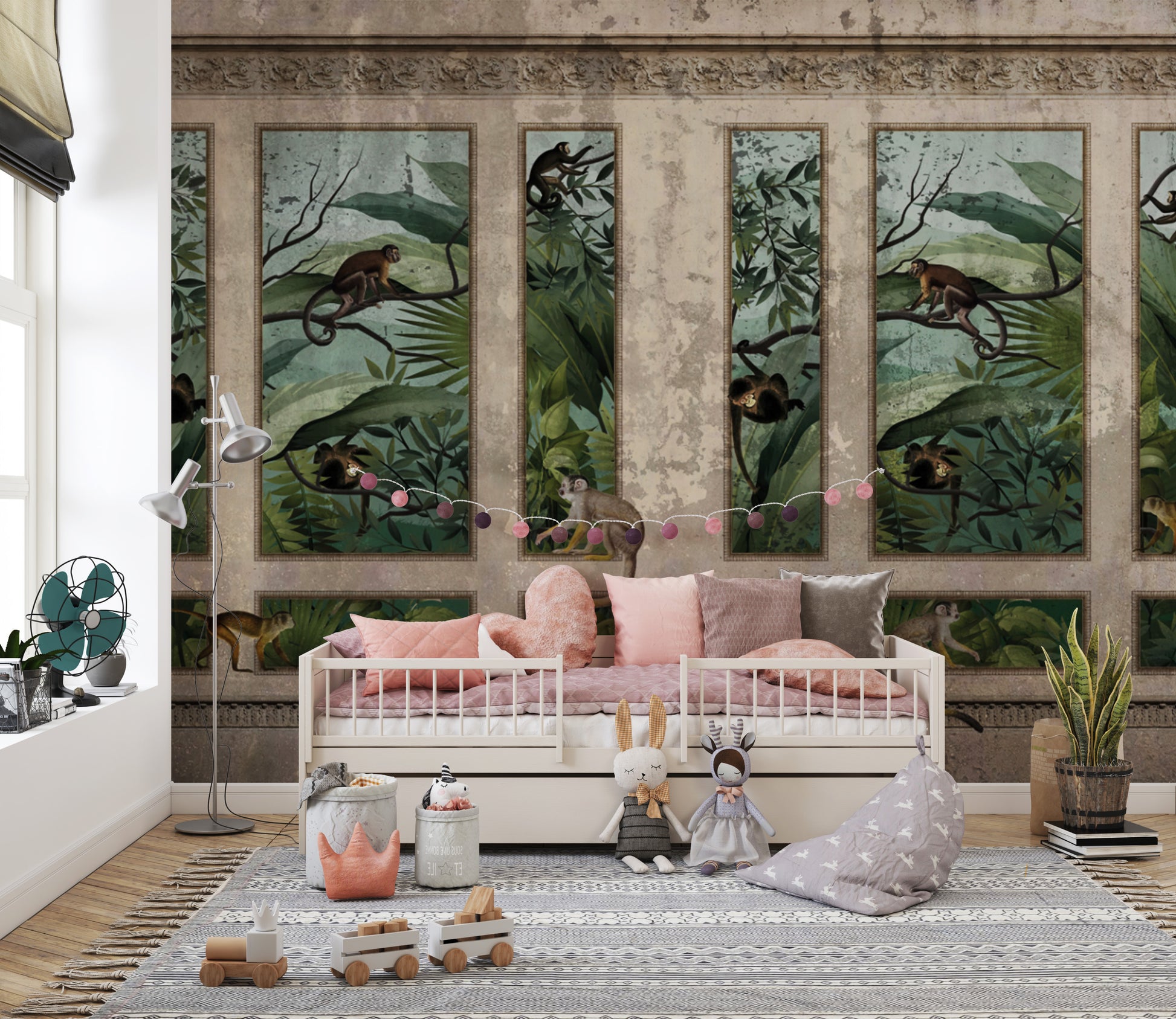 Victorian jungle mural with aged tropical wall decor
