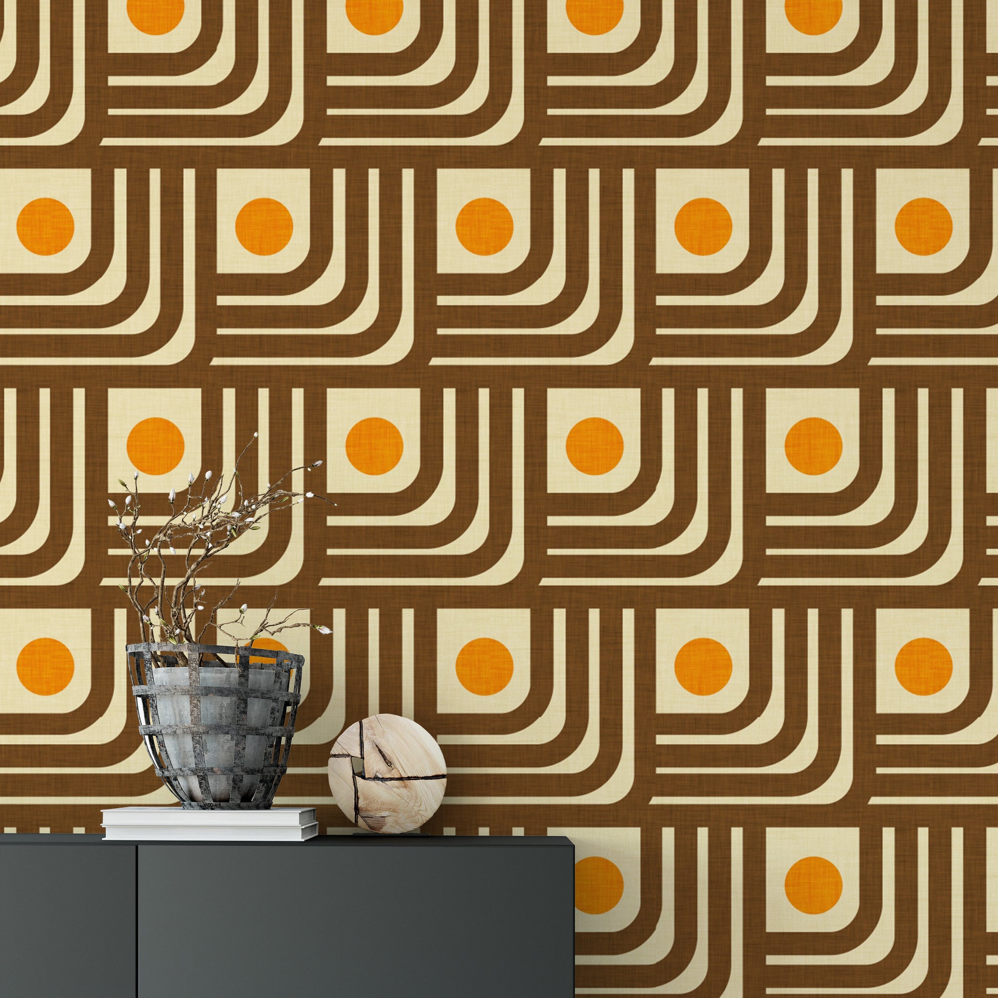 Stylish 70s Curve Lines Brown Orange Wallpaper for rooms