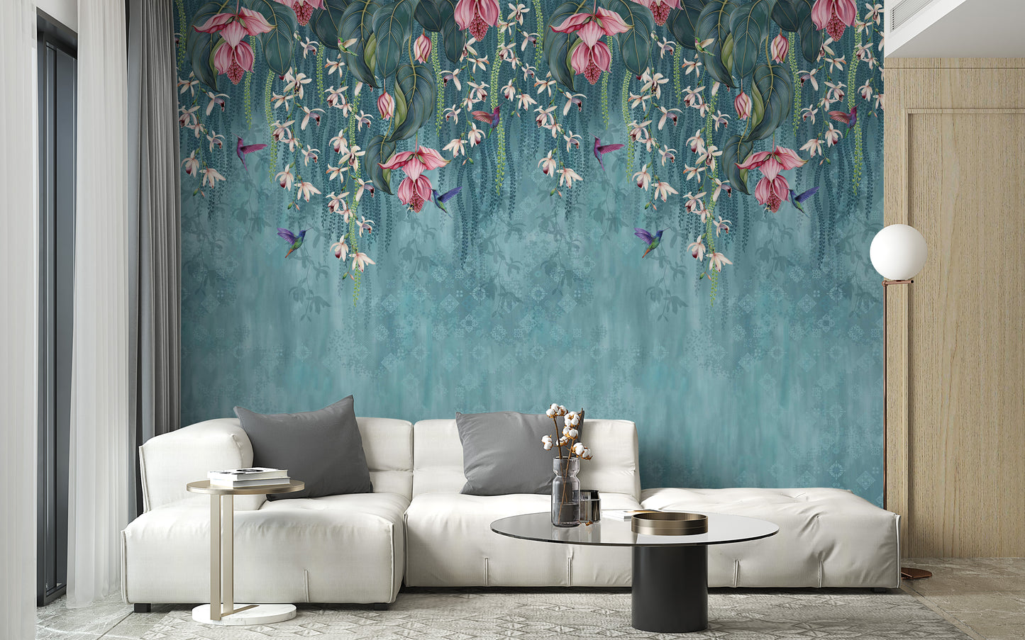 Hanging Pink Flower on Turquoise Wallpaper - Giffywalls