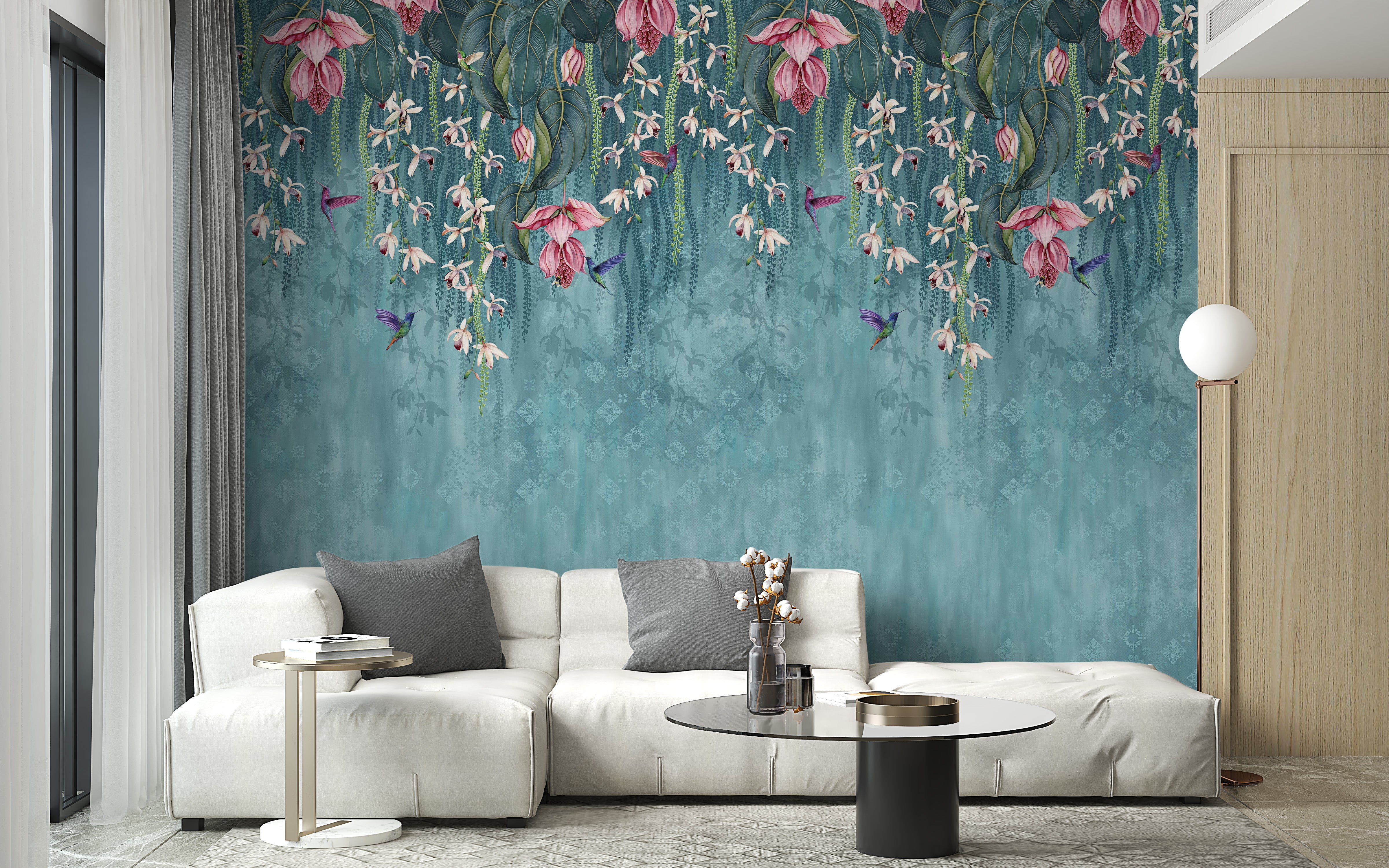 Hanging Pink Flower on Turquoise Wallpaper - Giffywalls