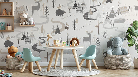 Playful woodland animal pattern wallpaper for children’s spaces.