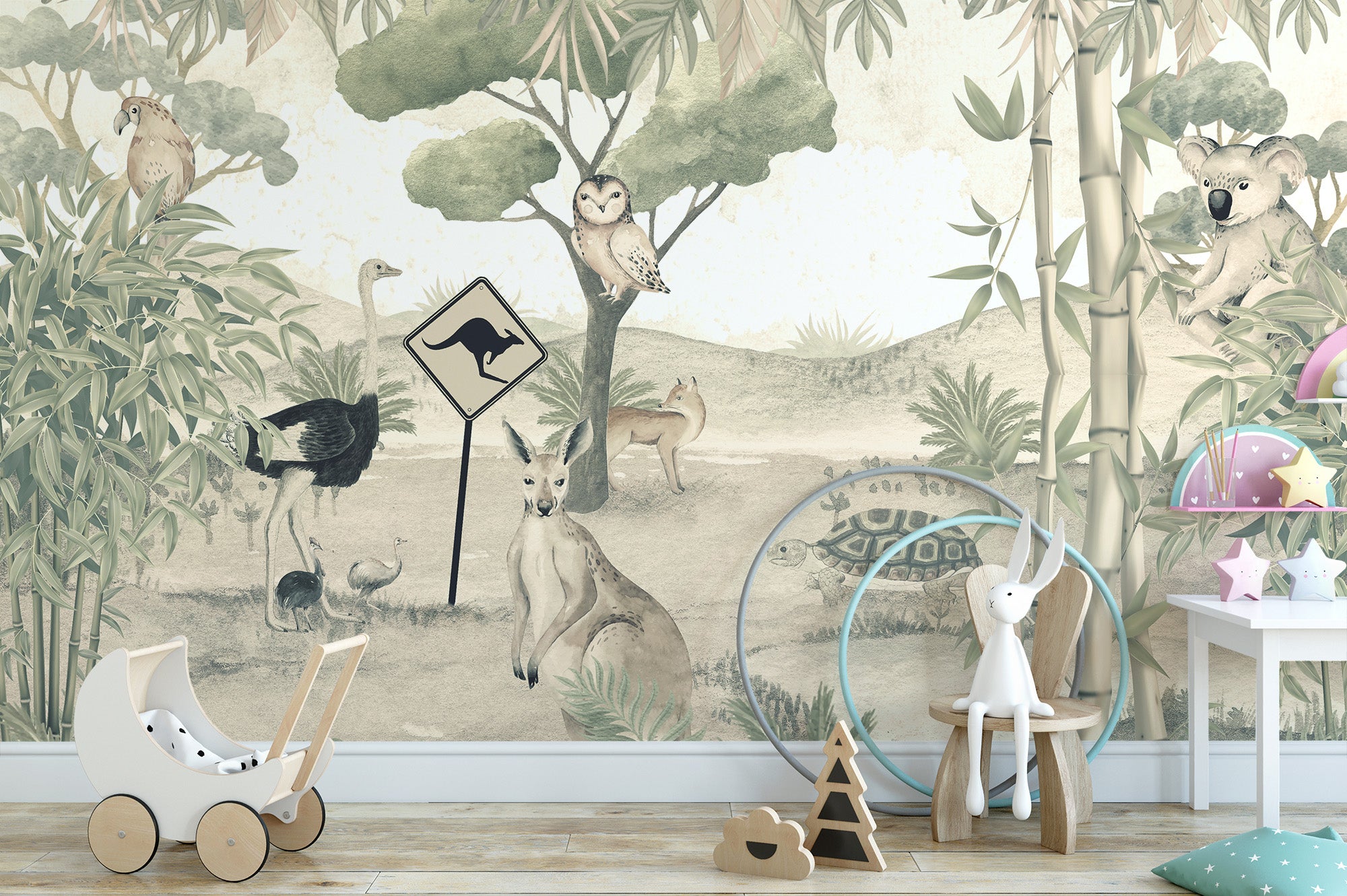 Kids’ room mural with kangaroo theme
