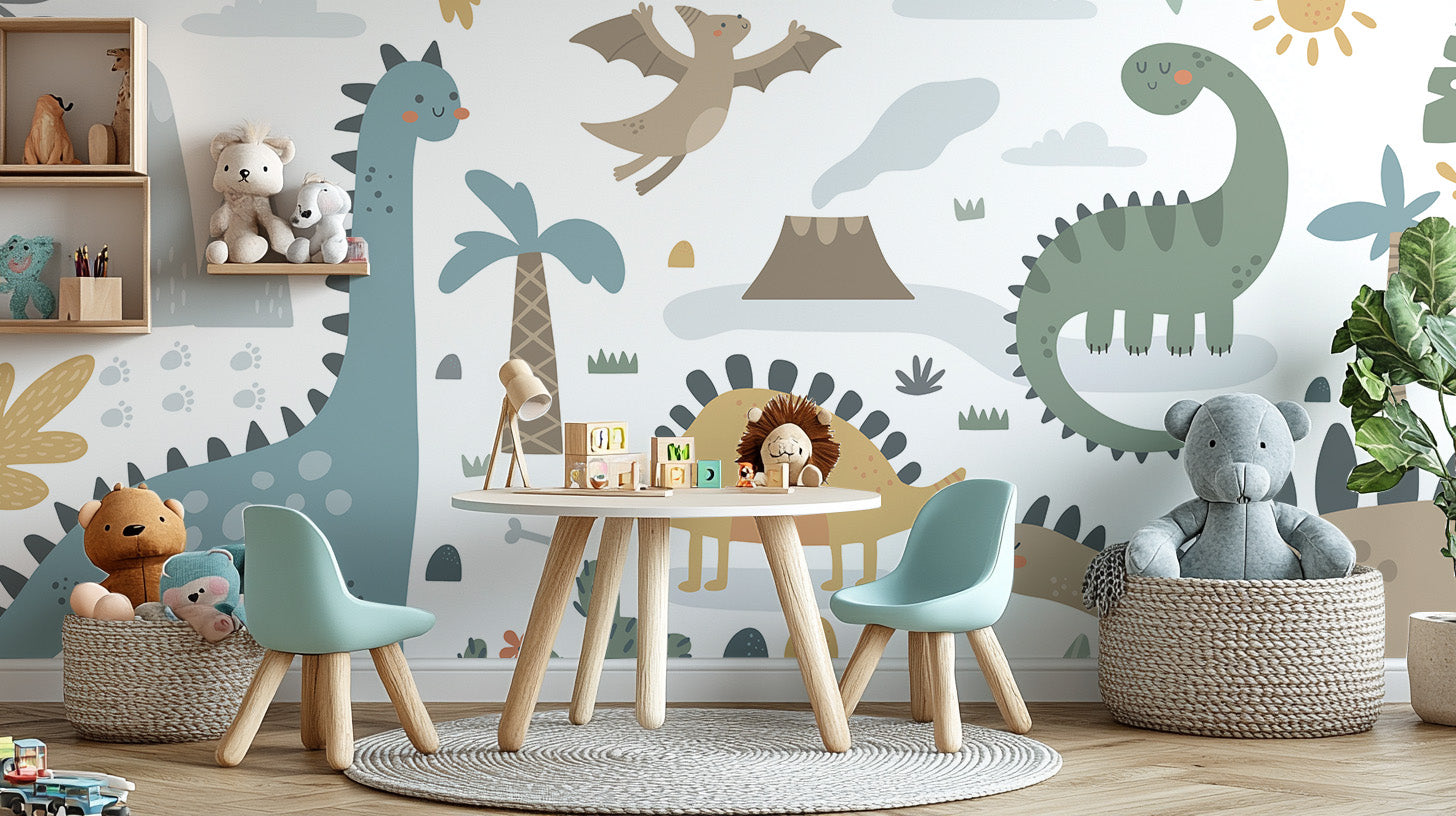 Playful dinosaur design wall mural wallpaper for kids' rooms.