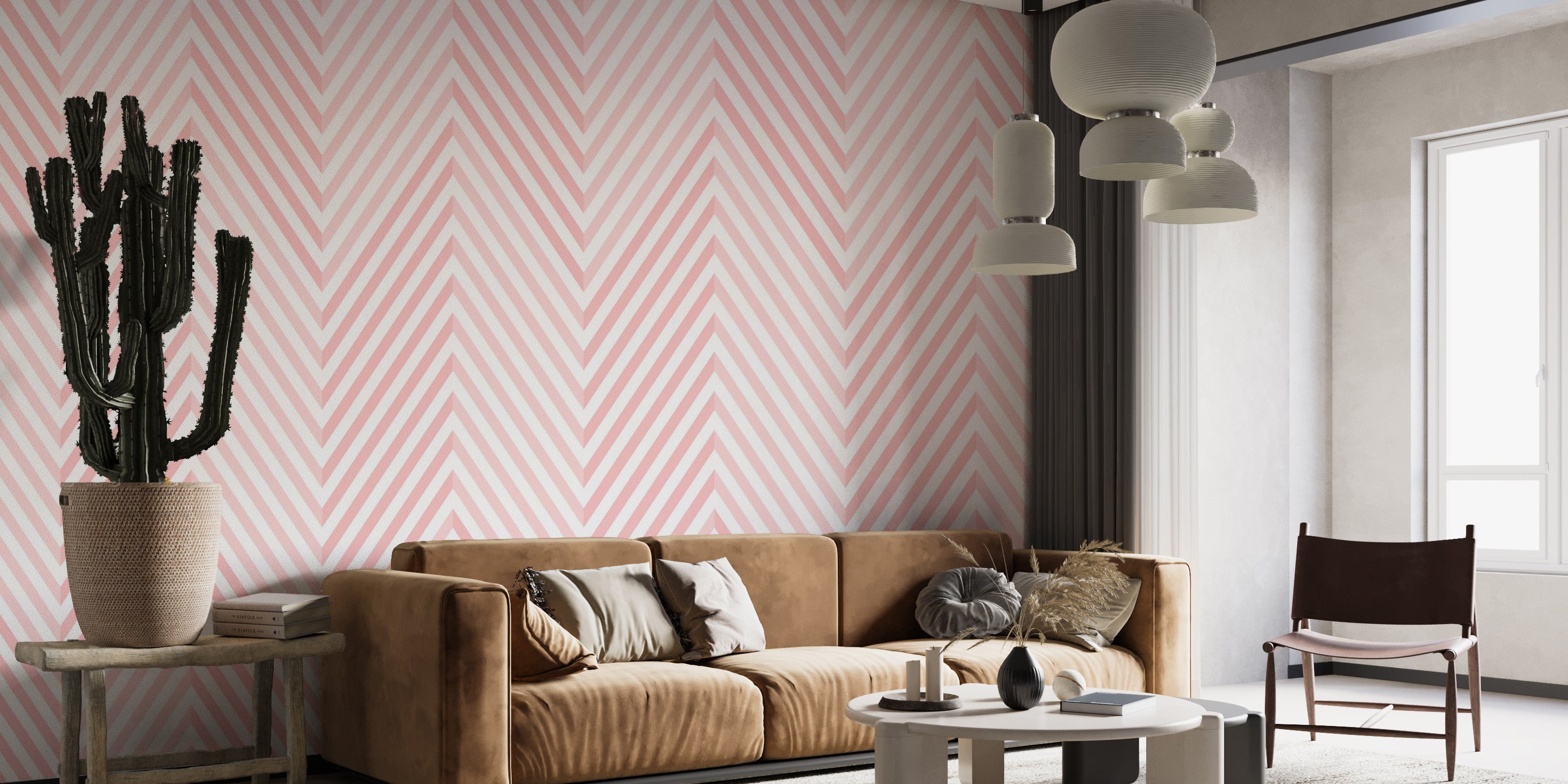 Sleek geometric chevron mural in pastel pink.