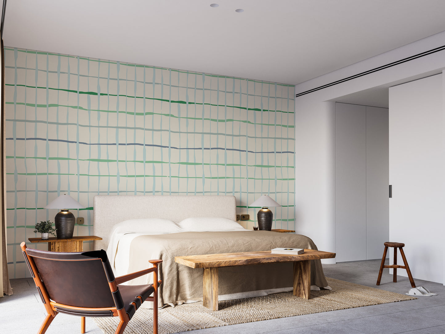 Handdrawn line design in soft light green tones for walls
