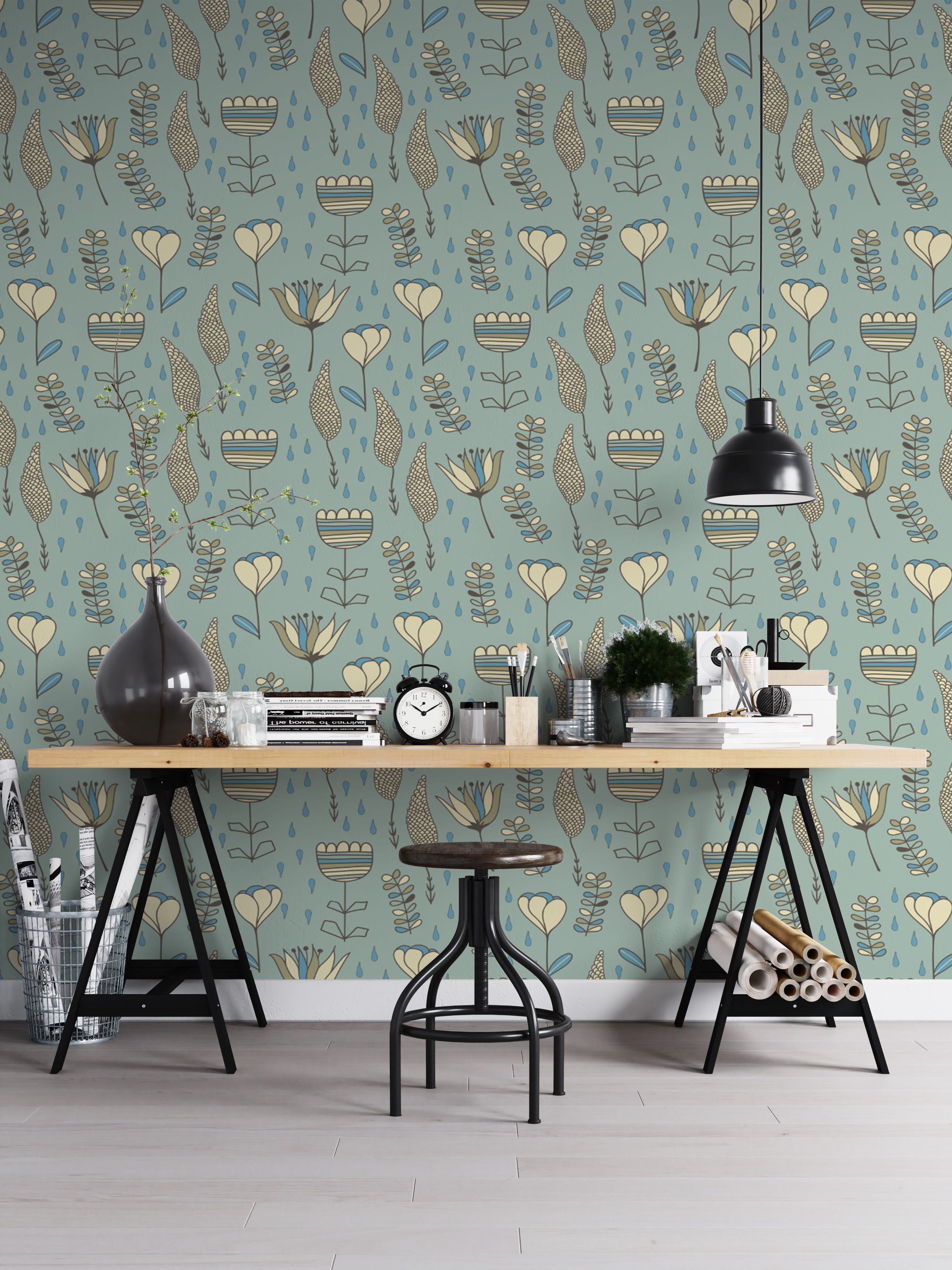 Soft and cheerful naive blooms wallpaper for lively interiors.
