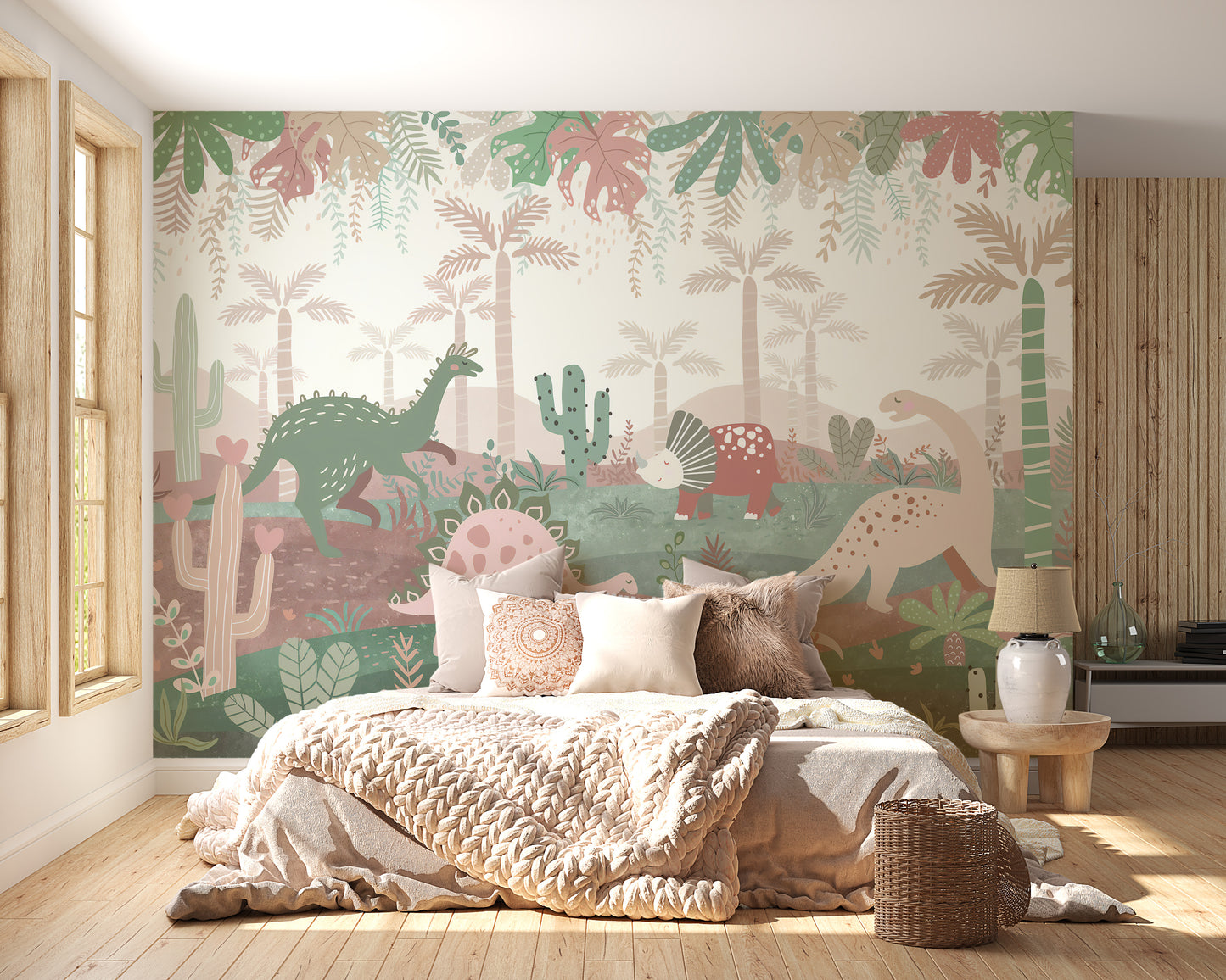 Green & Pink Color Dinosaurs Enjoying Wallpaper Mural