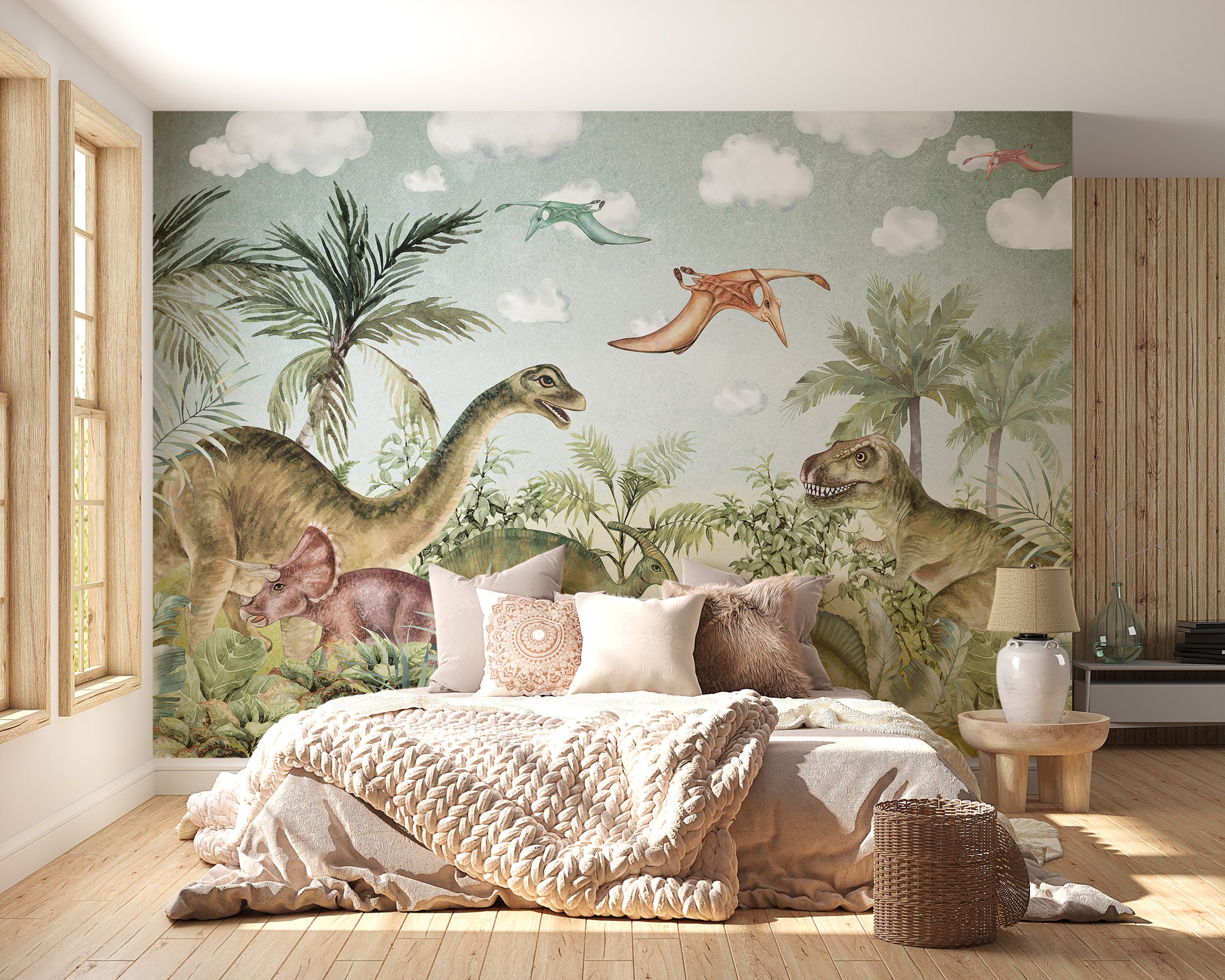 Whimsical Jurassic-inspired wallpaper mural
